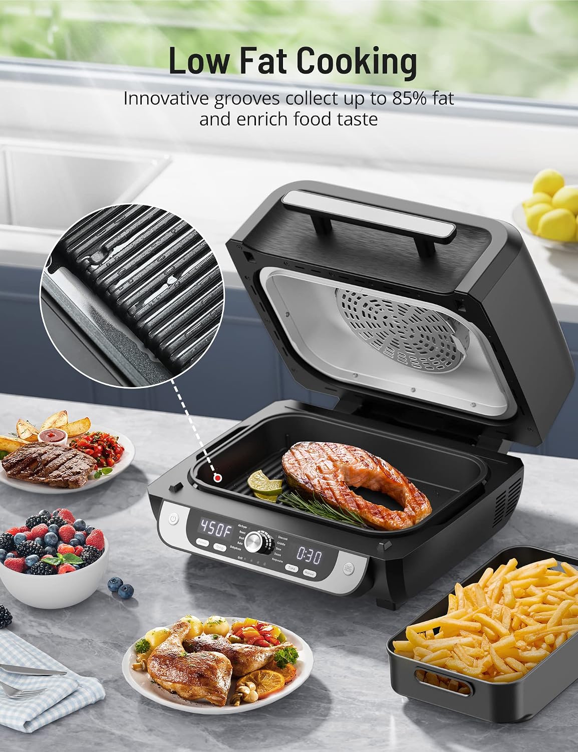 Paris Rhône Smokeless Indoor Grill & Air Fryer Combo, 12-in-1, Grill, Griddle, Air Fry, Broil, Bake, Crisp, Roast, Dehydrate, and more, Dual Heating Elements, Smart Thermostat, Easy Knob Control