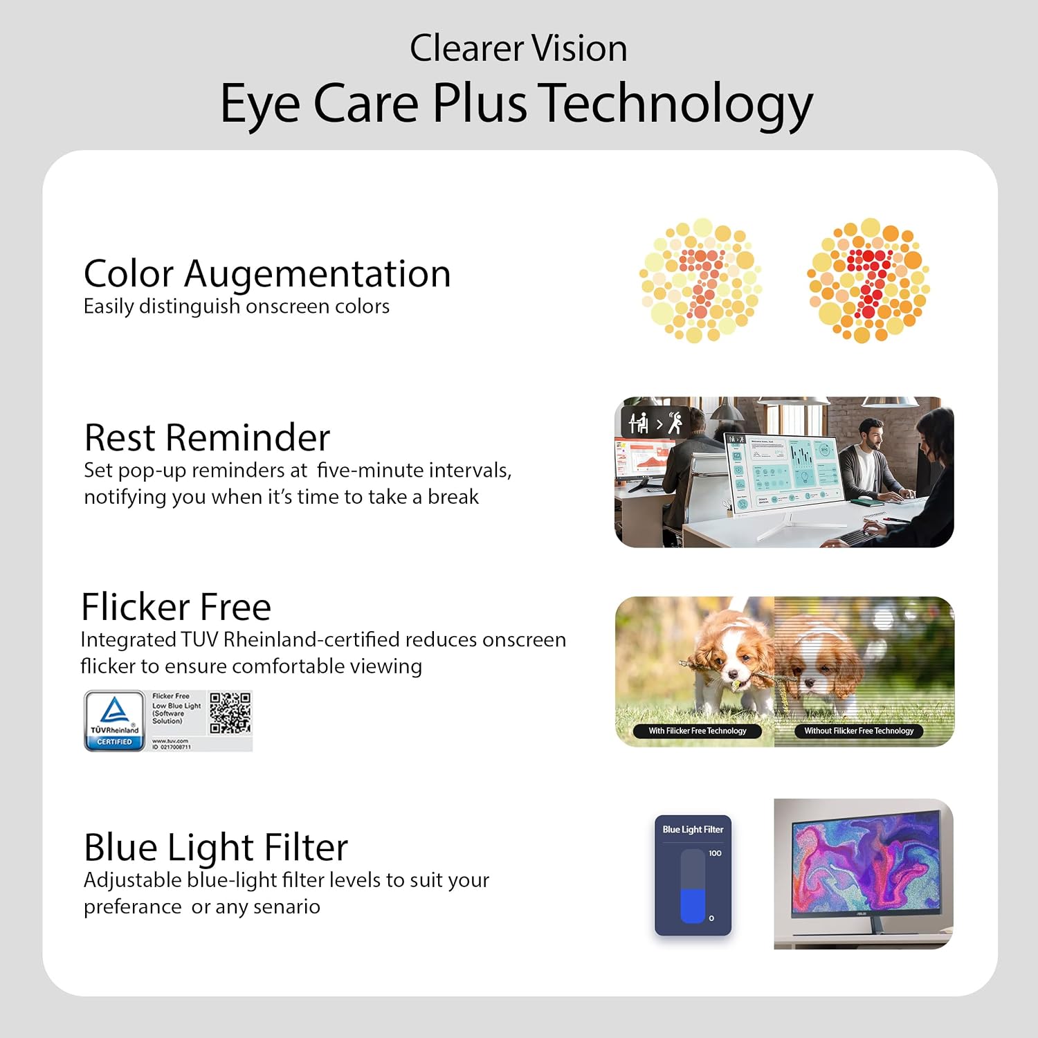 ASUS 24' (23.8 inch viewable) 1080P Eye Care Monitor (VU249HFI-W) - Full HD, IPS, 100Hz, SmoothMotion, Adaptive Sync, Nano-ion, Eye Care Plus, VESA Wall Mountable, 3 yr Warranty