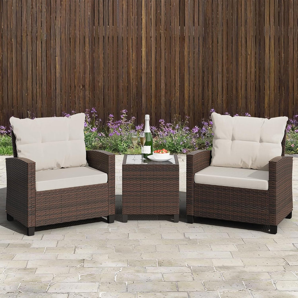 Shintenchi 3 Pieces Patio Furniture Set, PE Rattan Wicker 3 Pcs Patio Set, Outdoor Furniture Set with Two Outdoor Chairs and Table, Conversation Set for Garden, Poolside, Balcony, and Porch(Beige)