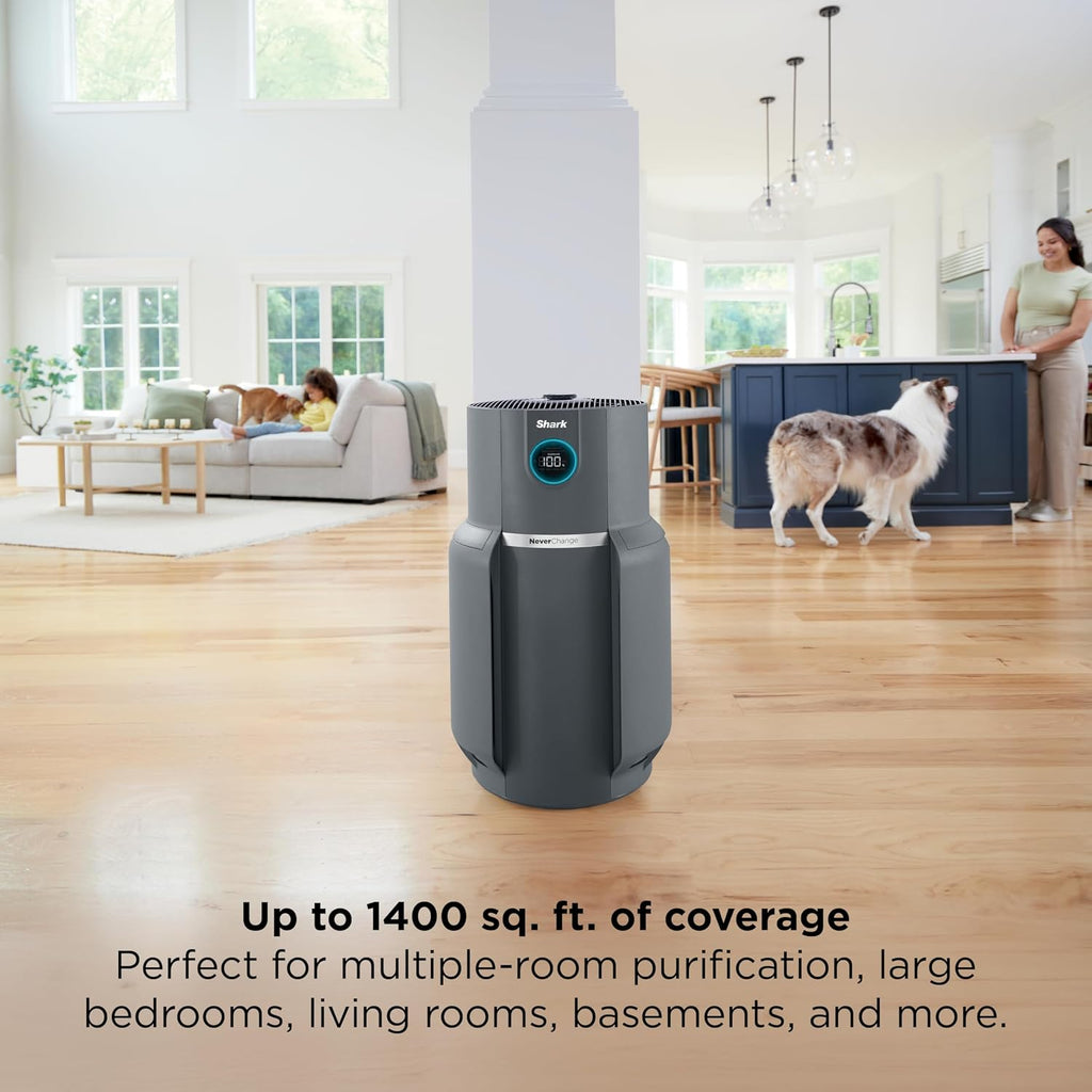 Shark Air Purifier for Home, NeverChange Max, 1,300 sq. ft. for Large Room, Kitchen, Home Office, HEPA-Exceeding Filter, Captures Pollutants, Pet Dander, Dust, Odor, Smoke, and More, HP301, Grey