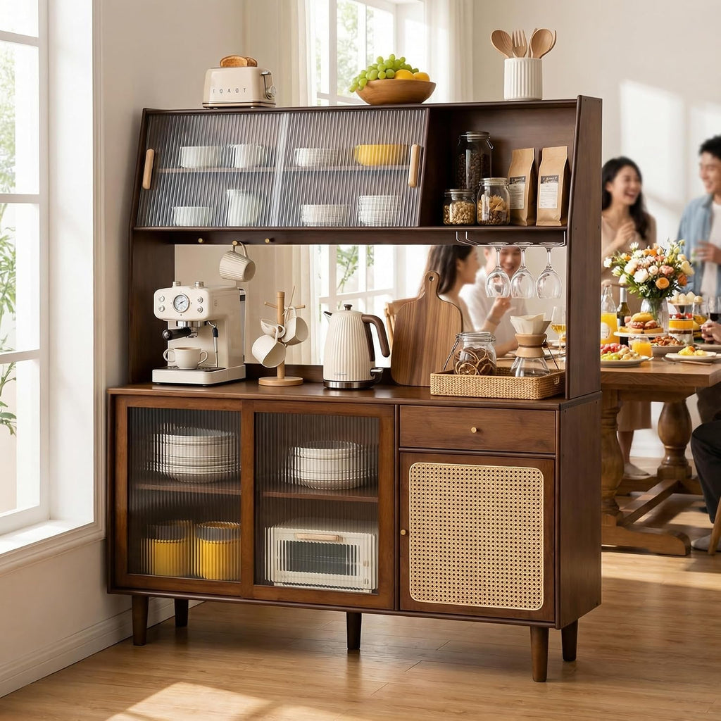 Welnown Kitchen Hutch Cabinet with Countertop, 69' Tall Pantry Storage Cabinet, Rattan Solid Wood Buffet Sideboard, Entryway Storage Table for Living Room, Dining Room, Walnut