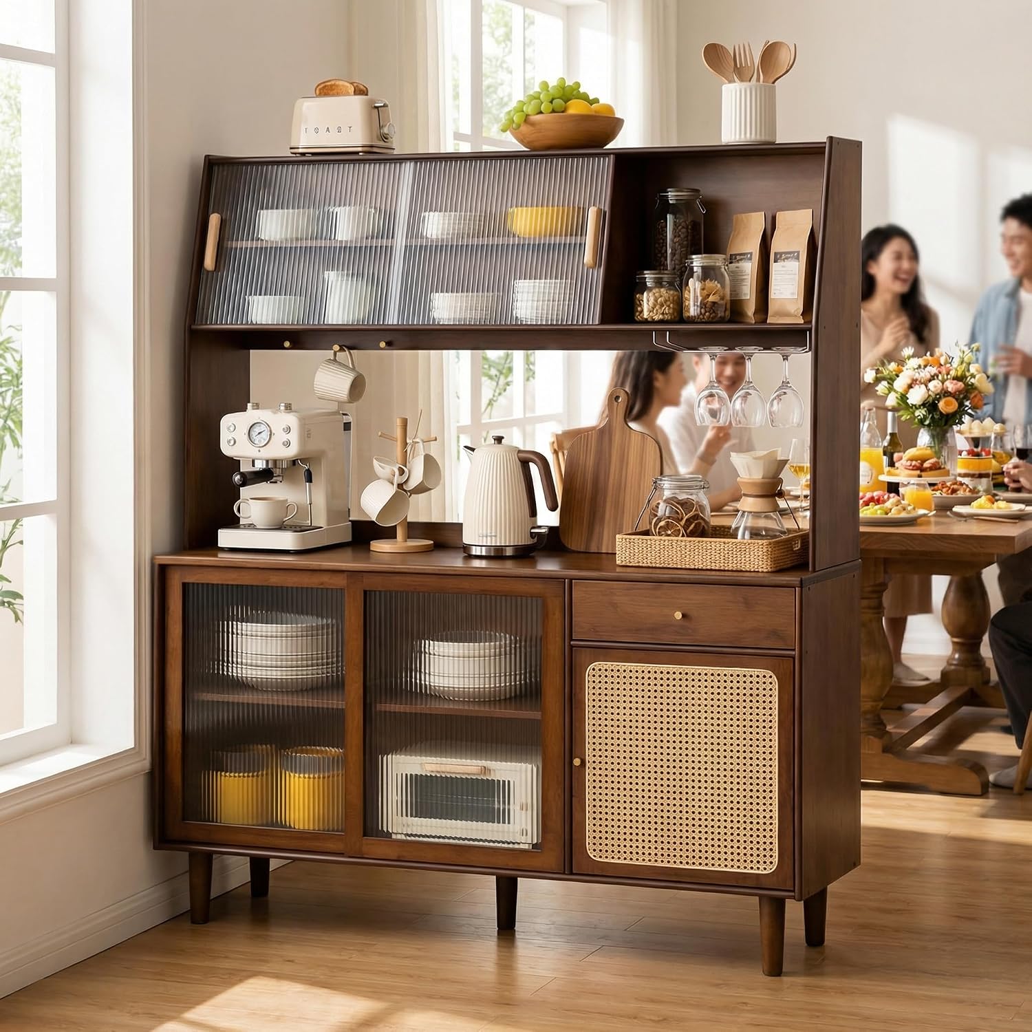 Welnown Kitchen Hutch Cabinet with Countertop, 69' Tall Pantry Storage Cabinet, Rattan Solid Wood Buffet Sideboard, Entryway Storage Table for Living Room, Dining Room, Walnut