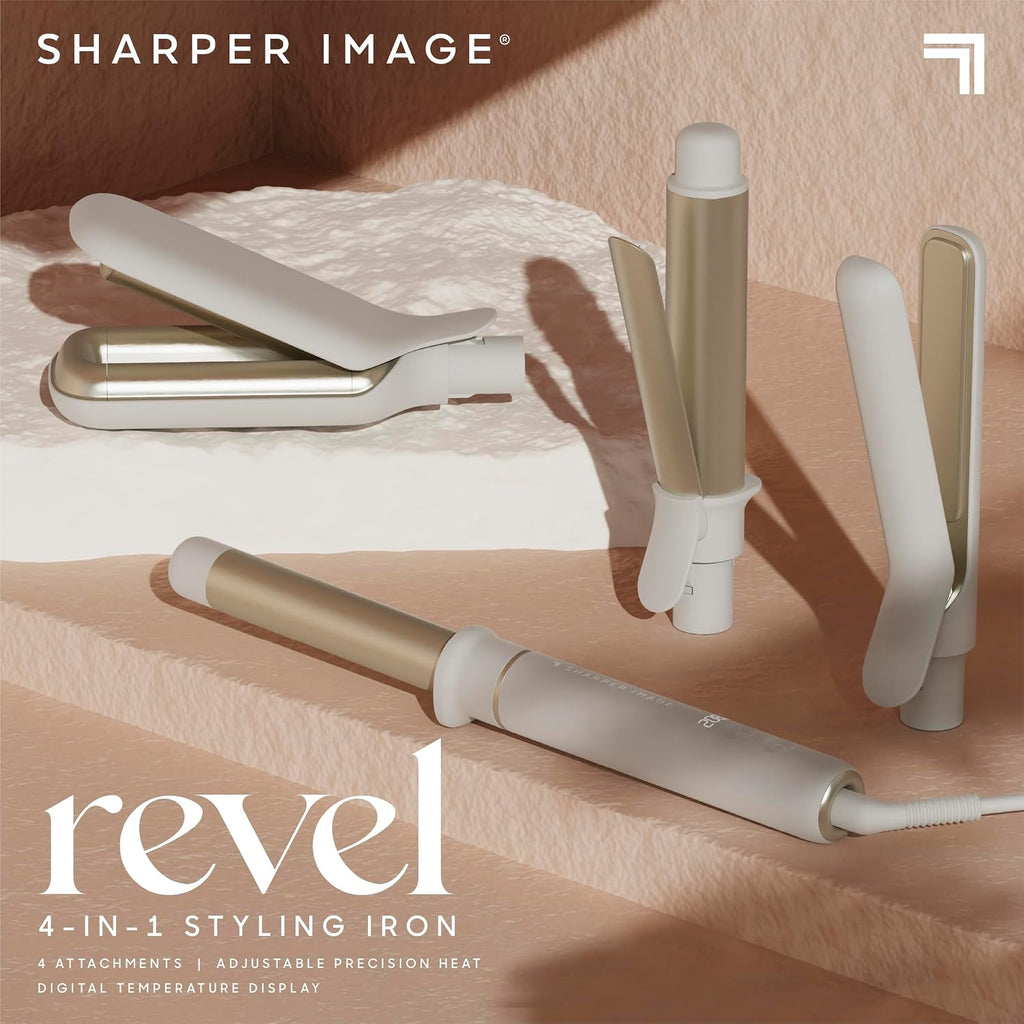 Sharper Image® Revel 4-In-1 Styling Iron |4 Attachments| Multi-Styler 1' Curling Wand, Wave Styler, Flat Iron| Adjustable Heat| Ceramic Tourmaline Technology|Hair Straightener & Curler| Gift for Women