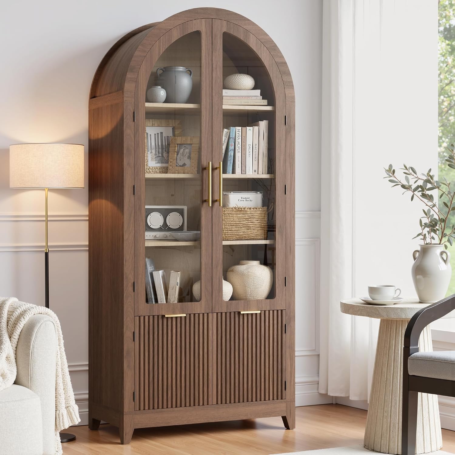 win2win Tall Arched Cabinet with Glass Doors, 69' Pantry Storage Cabinets with Fluted Doors & Adjustable Shelves, Mid Century Modern Wood Display Bookcase for Kitchen, Living Room, Bathroom, Walnut
