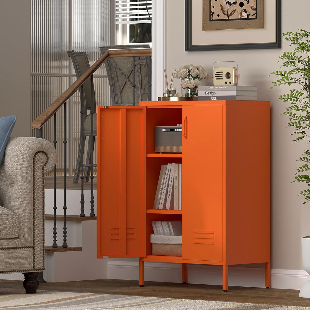 IRONFFICE Metal Locker Cabinet,Morden Storage Cabinet with 2 Adjustable Shelves,Metal Storage Cabinets with 2 Doors for Home Office,Gym,Utility Room,Orange