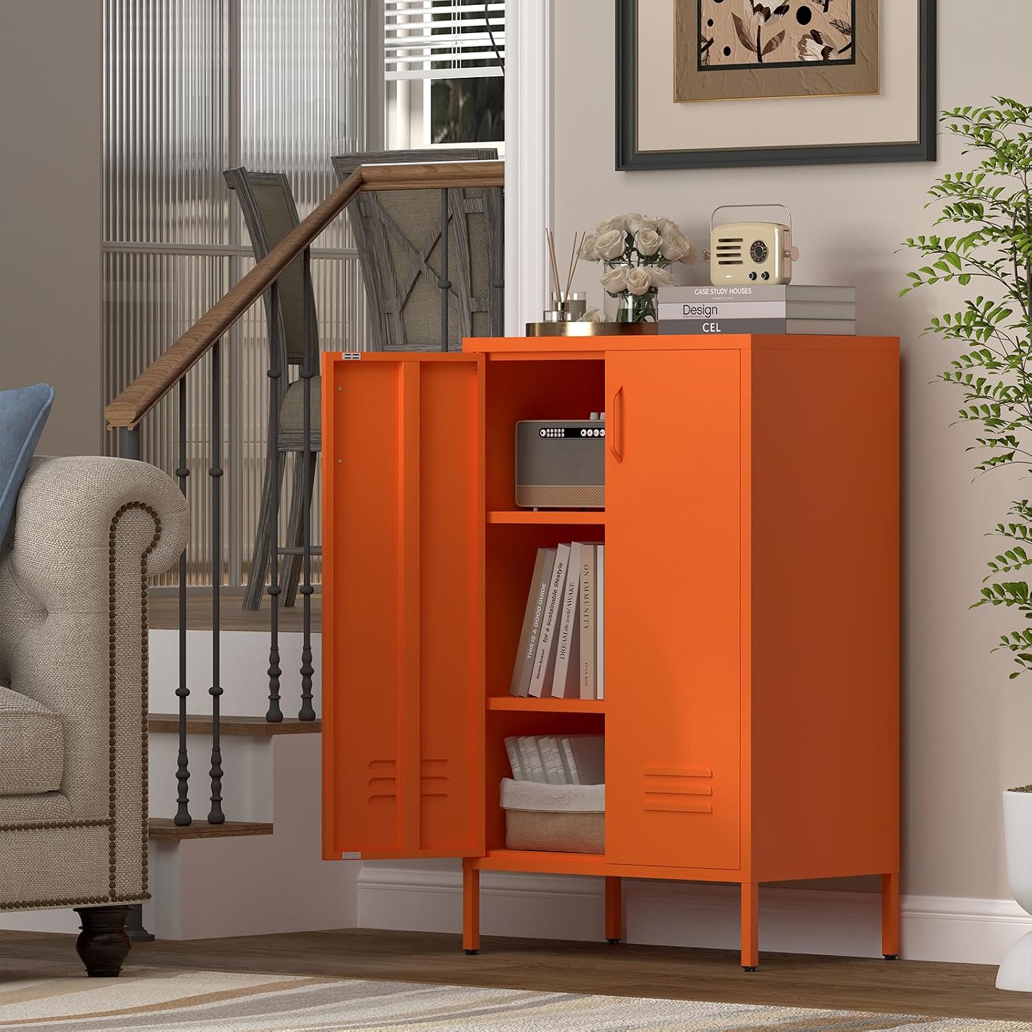 IRONFFICE Metal Locker Cabinet,Morden Storage Cabinet with 2 Adjustable Shelves,Metal Storage Cabinets with 2 Doors for Home Office,Gym,Utility Room,Orange