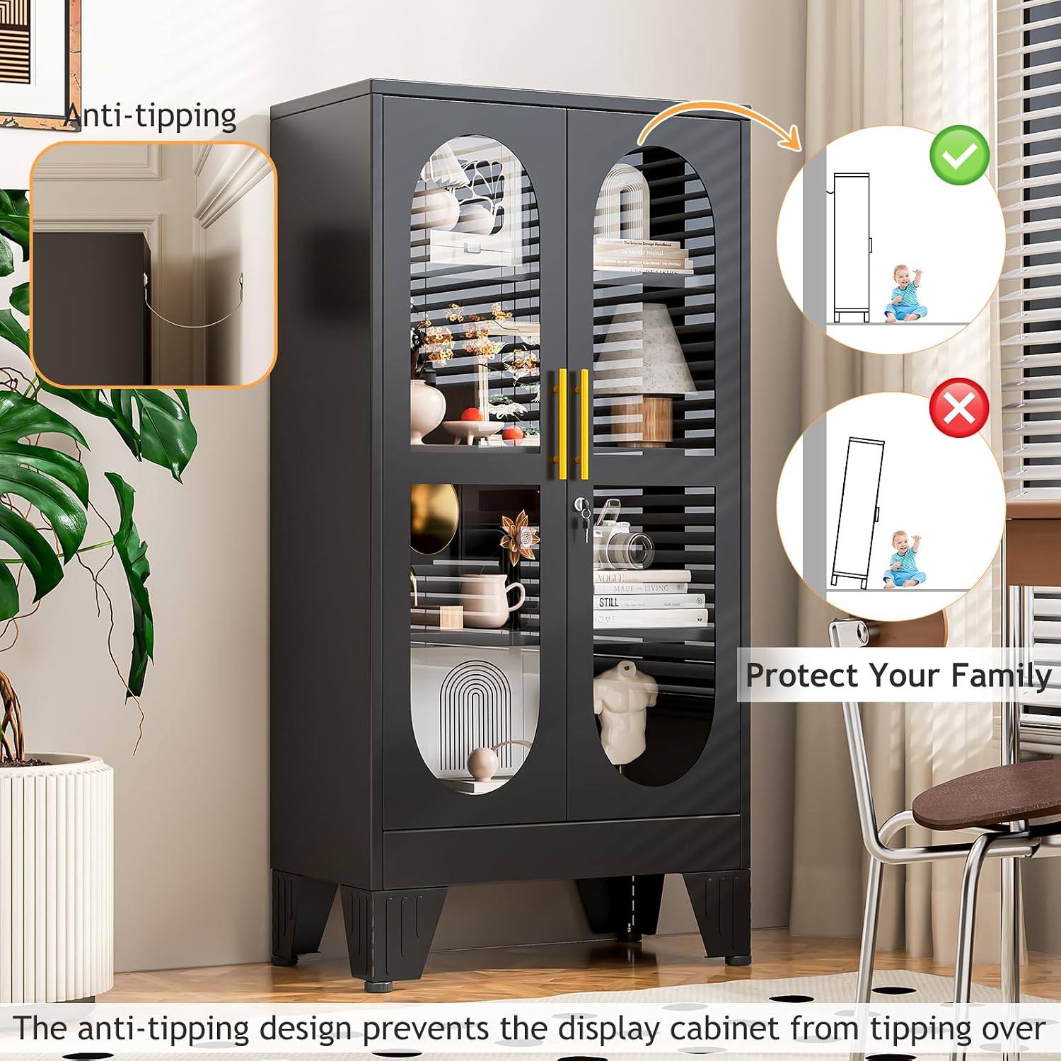 47' H Locking Display Cabinet with Glass Door, Tall black Storage Cabinet with 3 Adjustable Shelves, Metal Curio Cabinet Multi-Purpose Display Case for Collectibles Living Room/Bedroom/Kitchen/Bar