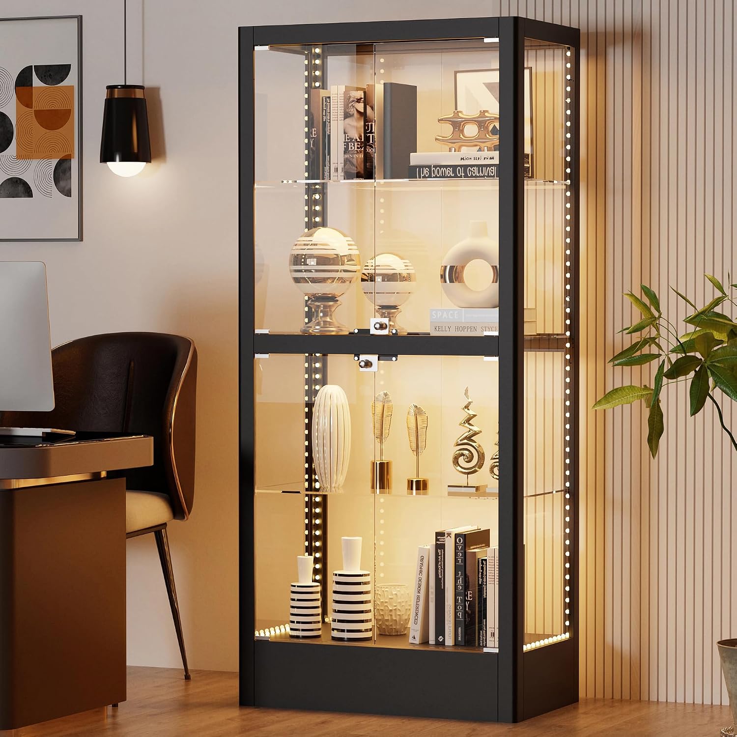 Glass Display Cabinet with 13-Color Light, 63' 4-Tier Curio Cabinet with 4 Glass Doors & Lock, Lighted Display Case with Adjustable Shelves for Collectibles Figures Trophy (Black)