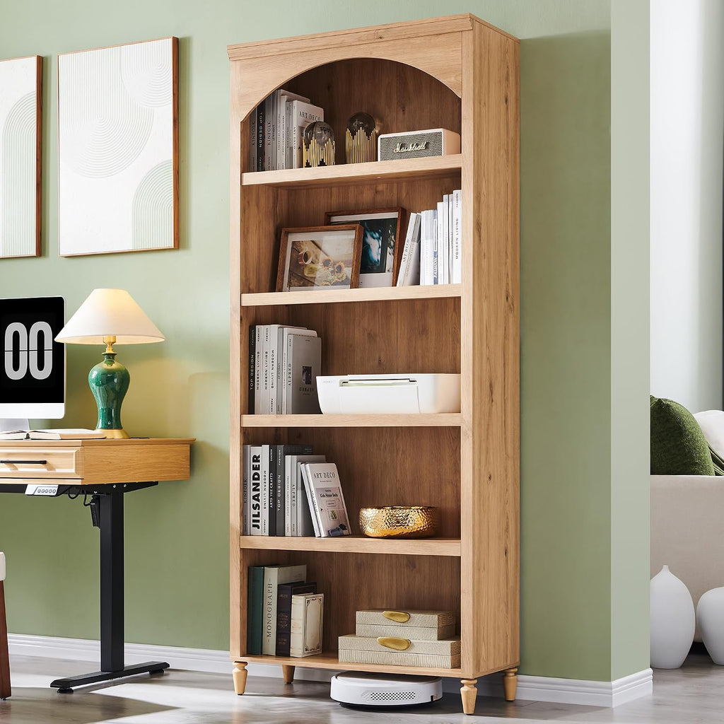 IFGET 76' Tall Arched Bookcase, Farmhouse 5 Tiers Large Arched Bookshelf Cabinet with Adjustable Shelves, Modern Wooden Book Shelf w/Storage and Open Display Shelves for Living Room, Office-Natural