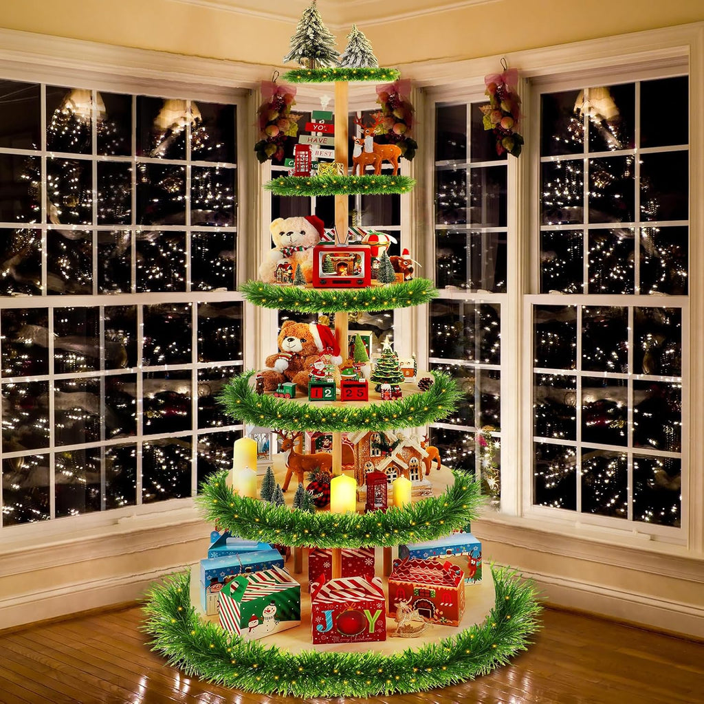 DoubleFill 6 Tier 72 Inch Christmas Tree Village Stand Christmas Bookshelf Display Supply Large Xmas Ornament Displays Tree Stands Xmas Wooden Display Trees Stand for Holiday Displays(Circle)