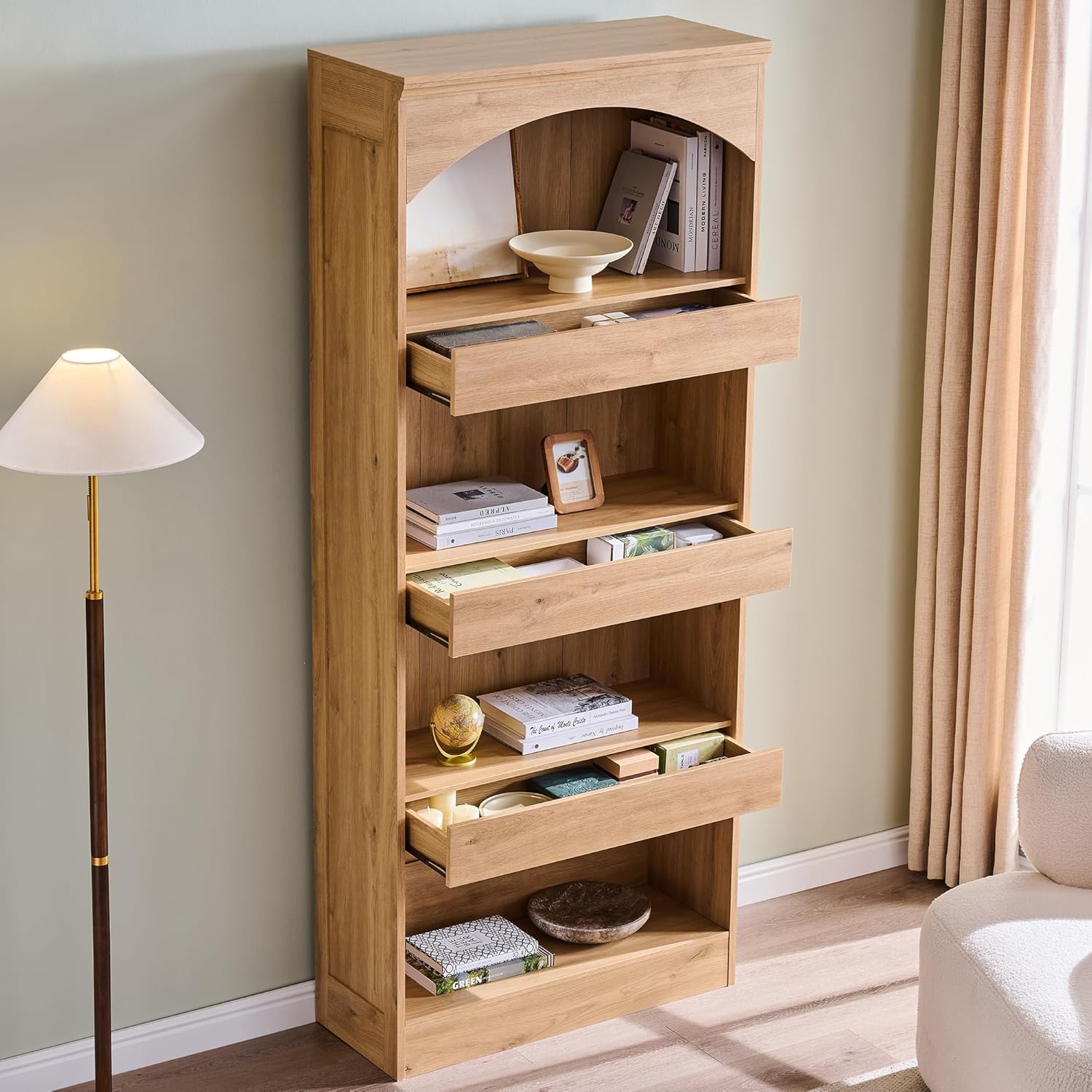 IFGET 76' Tall Arched Bookcase with 1PC Magnetic Lock Drawer, Modern Wooden Arch Bookshelf w/3 Pull-Out Drawers, Farmhouse 4 Tiers Book Shelf w/Open Shelves for Living Room, Office (Natural)