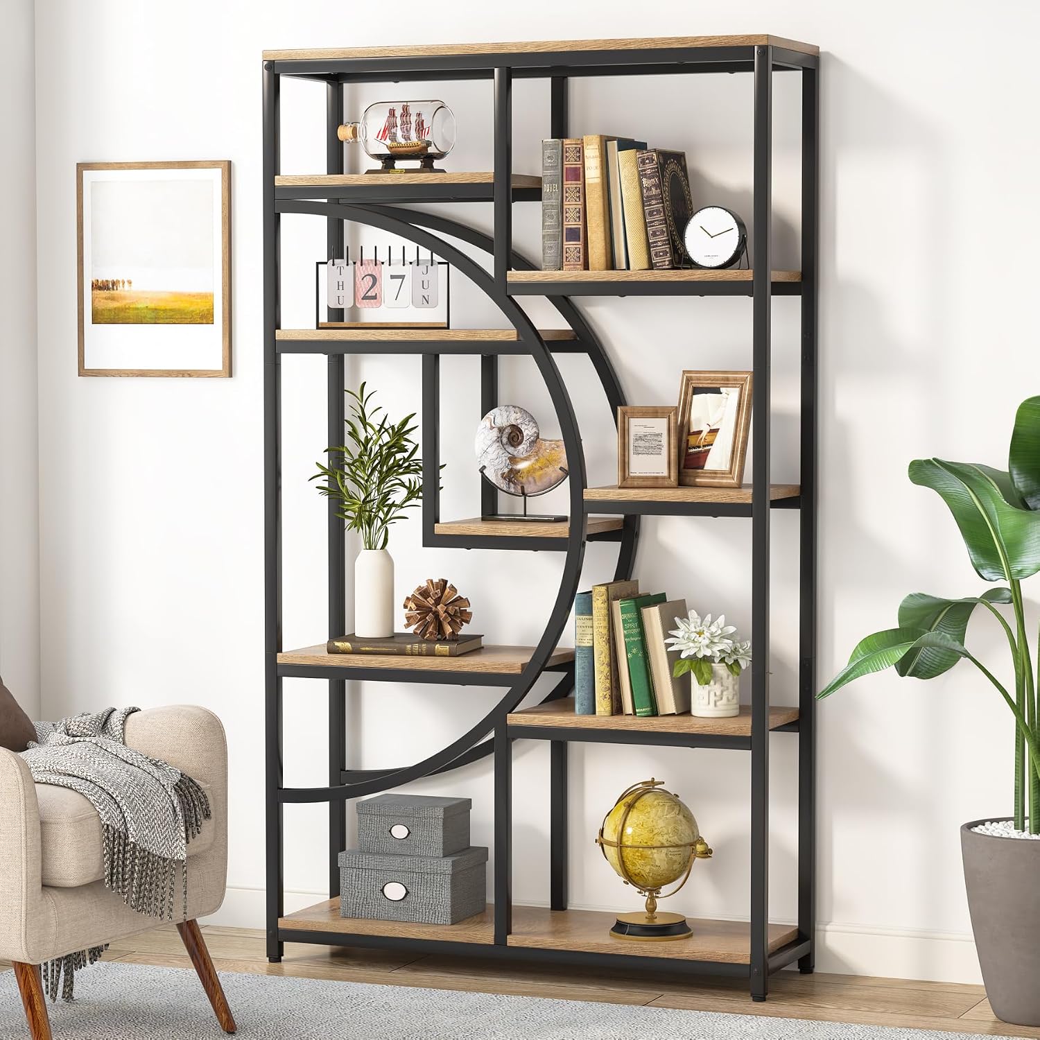 Tribesigns Bookshelf Industrial 5 Tier Etagere Bookcase, Freestanding Tall Bookshelves Display Shelf Storage Organizer with 9-Open Storage Shelf for Living Room, Bedroom (Light Oak)