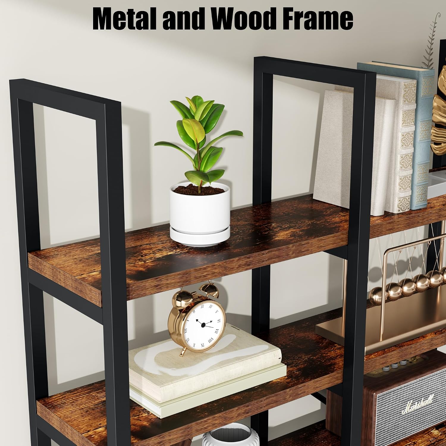 Large Bookshelf 5 Tiers, Triple Wide Geometric Bookcase, 71 Inches Tall Industrial Book Shelves Etagere Book Case, Sturdy Metal Frame, Freestanding Display Shelving Unit, Brown