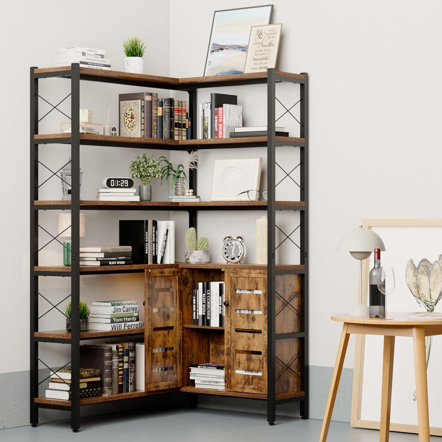 Wildhome 6-Shelf Corner Bookshelf, Vintage Industrial Corner Shelf Etagere Bookcase, Large Book Shelf with Metal Frame Open Storage Corner Cabinet (Brown-Lockers)