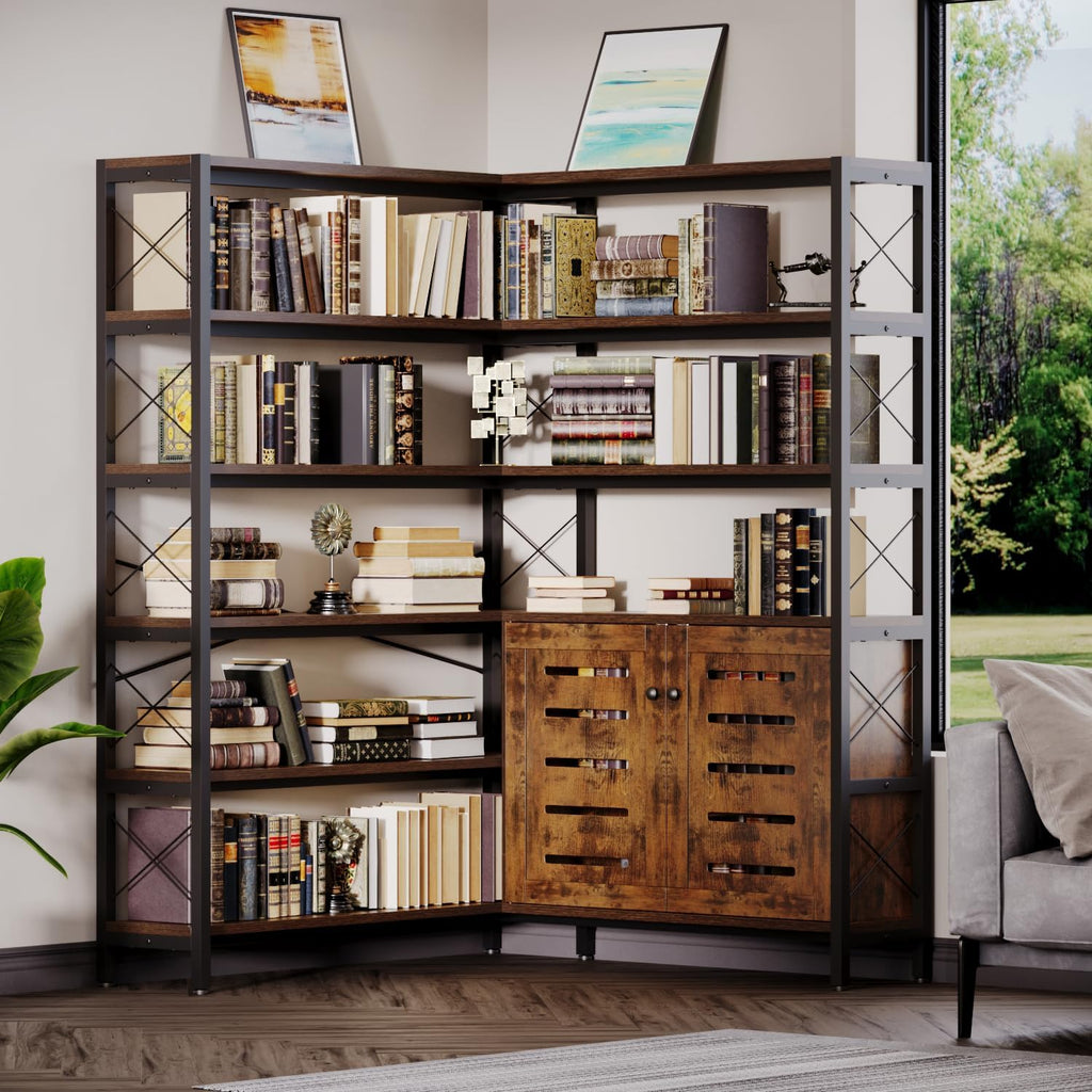 Wildhome 6-Shelf Corner Bookshelf, Vintage Industrial Corner Shelf Etagere Bookcase, Large Book Shelf with Metal Frame Open Storage Corner Cabinet (Brown-Lockers, Large)
