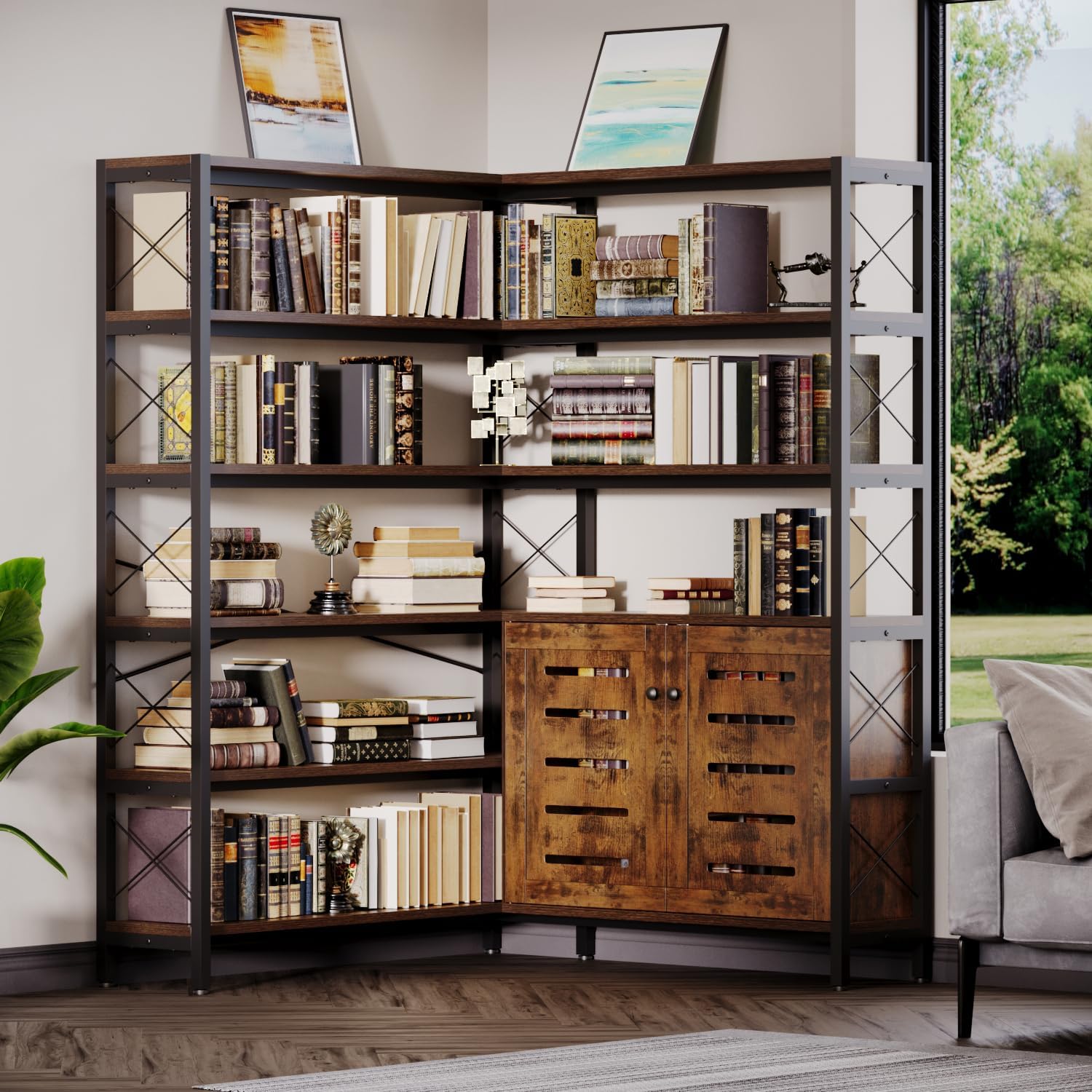 Wildhome 6-Shelf Corner Bookshelf, Vintage Industrial Corner Shelf Etagere Bookcase, Large Book Shelf with Metal Frame Open Storage Corner Cabinet (Brown-Lockers, Large)