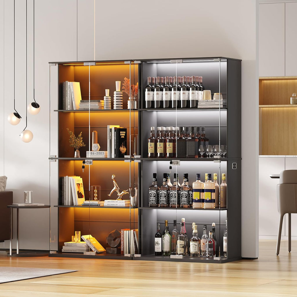 Lvifur Display Cabinet with Glass Doors, 66' Curio Cabinet with Lockable, 4-Tier Bookcase with 3 Color Lights for Collectibles, Storage Cabinets with Human Body for Books, Toys, Black