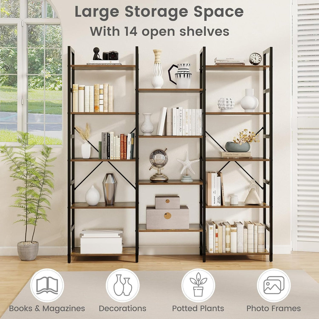 Giantex 5-Tier Industrial Bookshelf, Triple Wide Heavy-Duty Metal Frame Bookcases w/ 14 Open Shelves, Large Floor Standing Display Shelf Rack w/Anti-tip Kits, Storage Shelf for Living Room Study