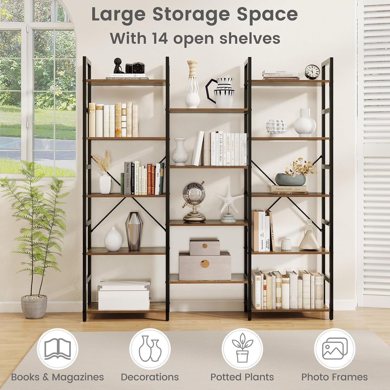 Giantex 5-Tier Industrial Bookshelf, Triple Wide Heavy-Duty Metal Frame Bookcases w/ 14 Open Shelves, Large Floor Standing Display Shelf Rack w/Anti-tip Kits, Storage Shelf for Living Room Study