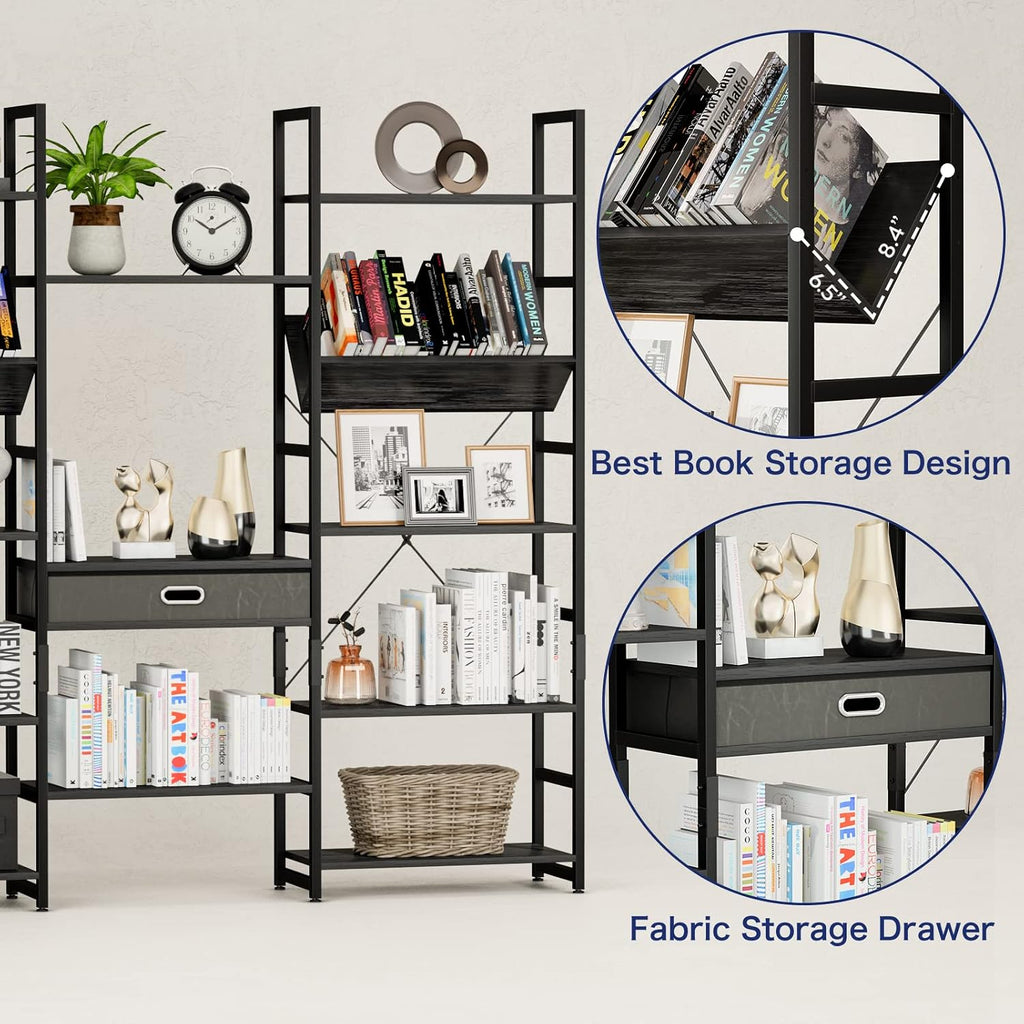 NUMENN Triple Wide 5 Tier Bookshelf, Adjustable Rustic Industrial Style Book Shelves, Modern Bookcases and Bookshelves Furniture for Bedroom, Living Room and Home Office, Elegant Black