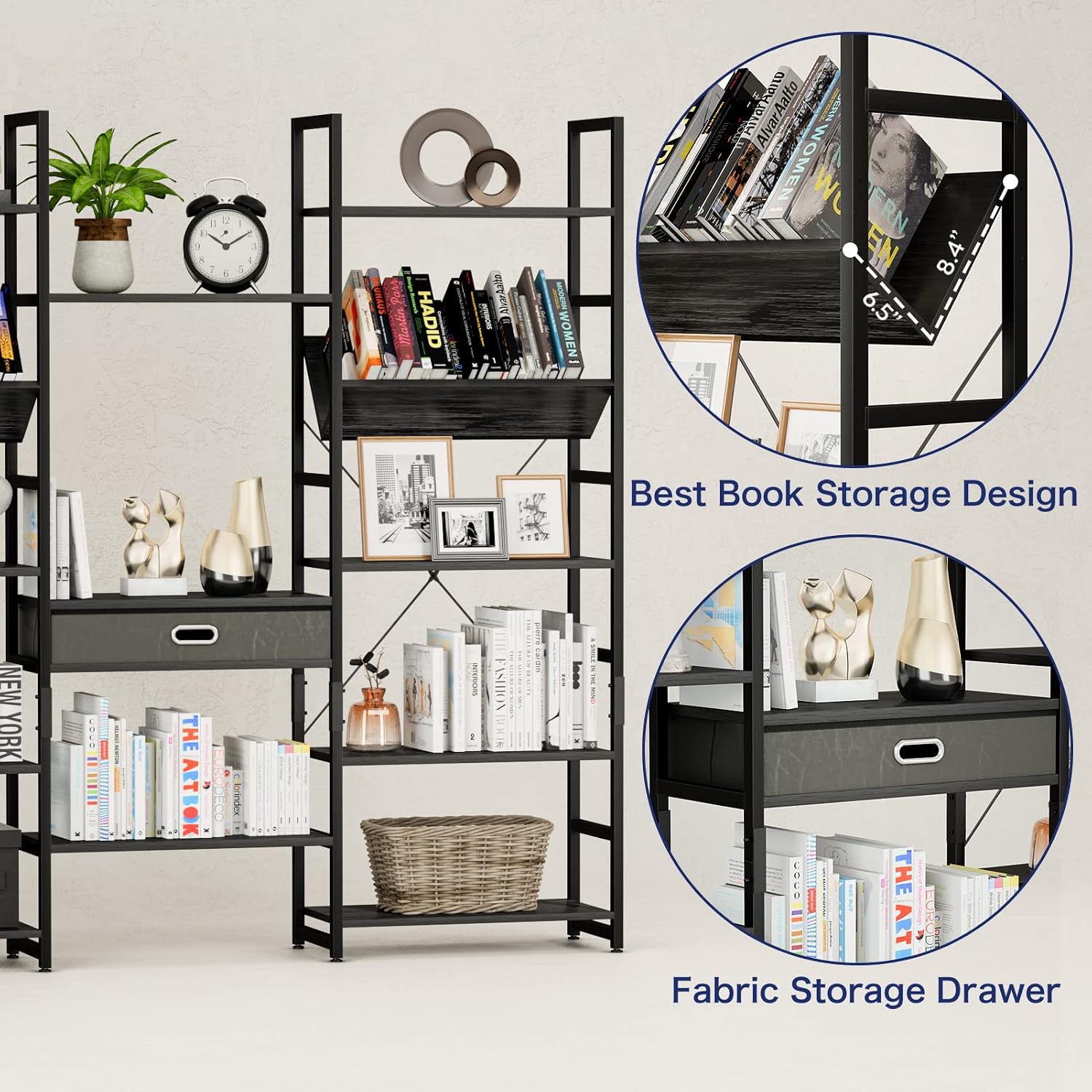 NUMENN Triple Wide 5 Tier Bookshelf, Adjustable Rustic Industrial Style Book Shelves, Modern Bookcases and Bookshelves Furniture for Bedroom, Living Room and Home Office, Elegant Black