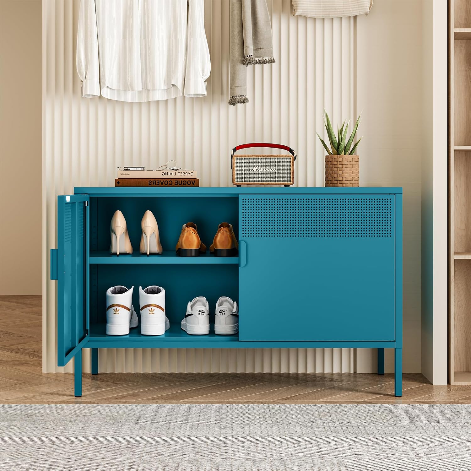 Chshin Metal Storage Cabinet with Doors,Blue Accent Cabinet,Metal Locker Storage Cabinets,2 Door TV Media Stand with Removable Shelves for,Home,Office,Entryway,Living Room