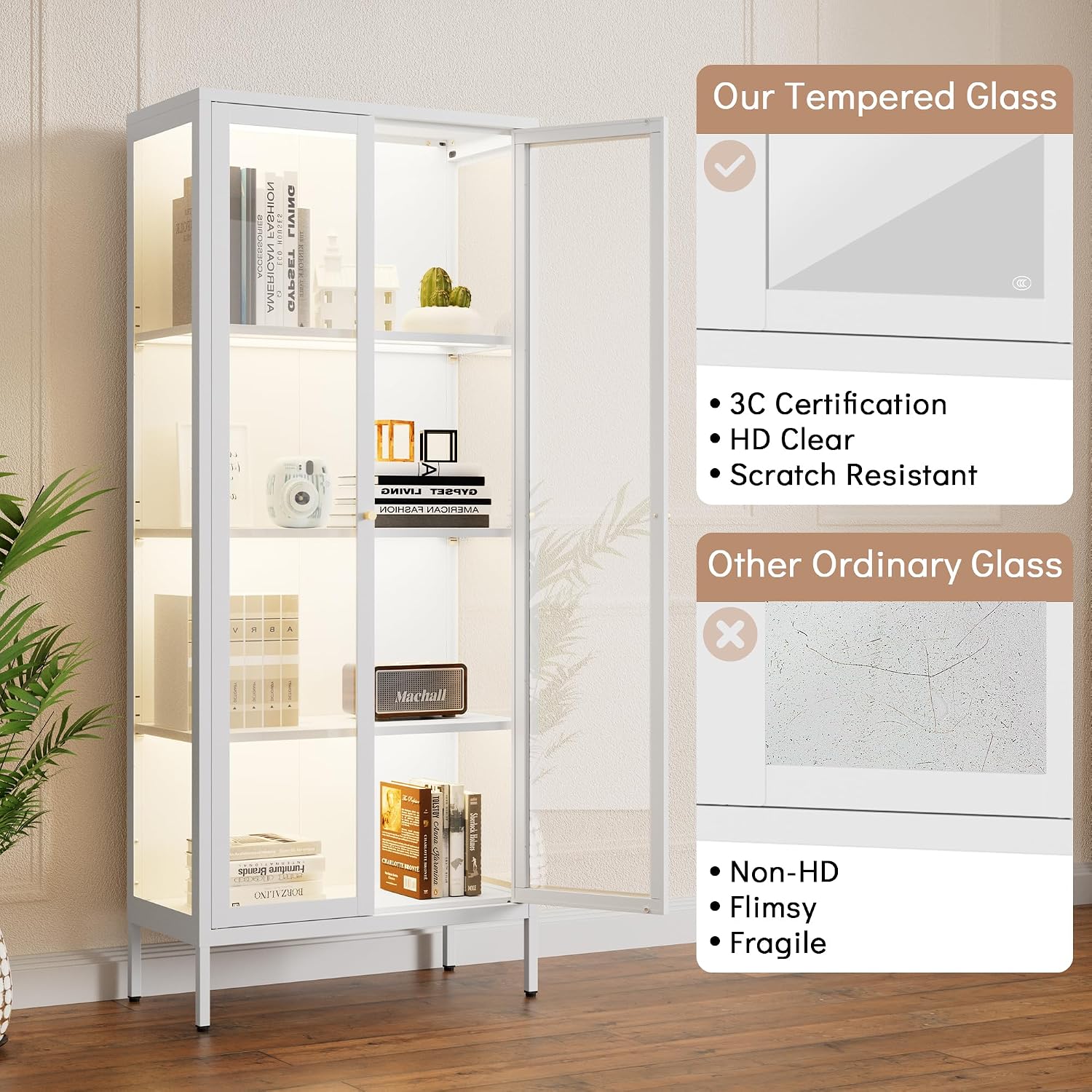 Polup Display Cabinet with 3 Color LED Lights and Tempered Glass, 66 Inch Tall Curio Cabinet with 3 Side Glass, White Display Case for Collectibles, Lighted Cabinets for Living Room- Assemble Required
