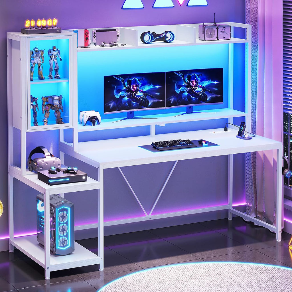 SEDETA White Gaming Desk, 60'' Gaming Desk with Hutch and LED Lights, Computer Desk with Storage Shelves, Large PC Gamer Desk with Display Cabinet, Monitor Stand, Power Outlet for Home Office