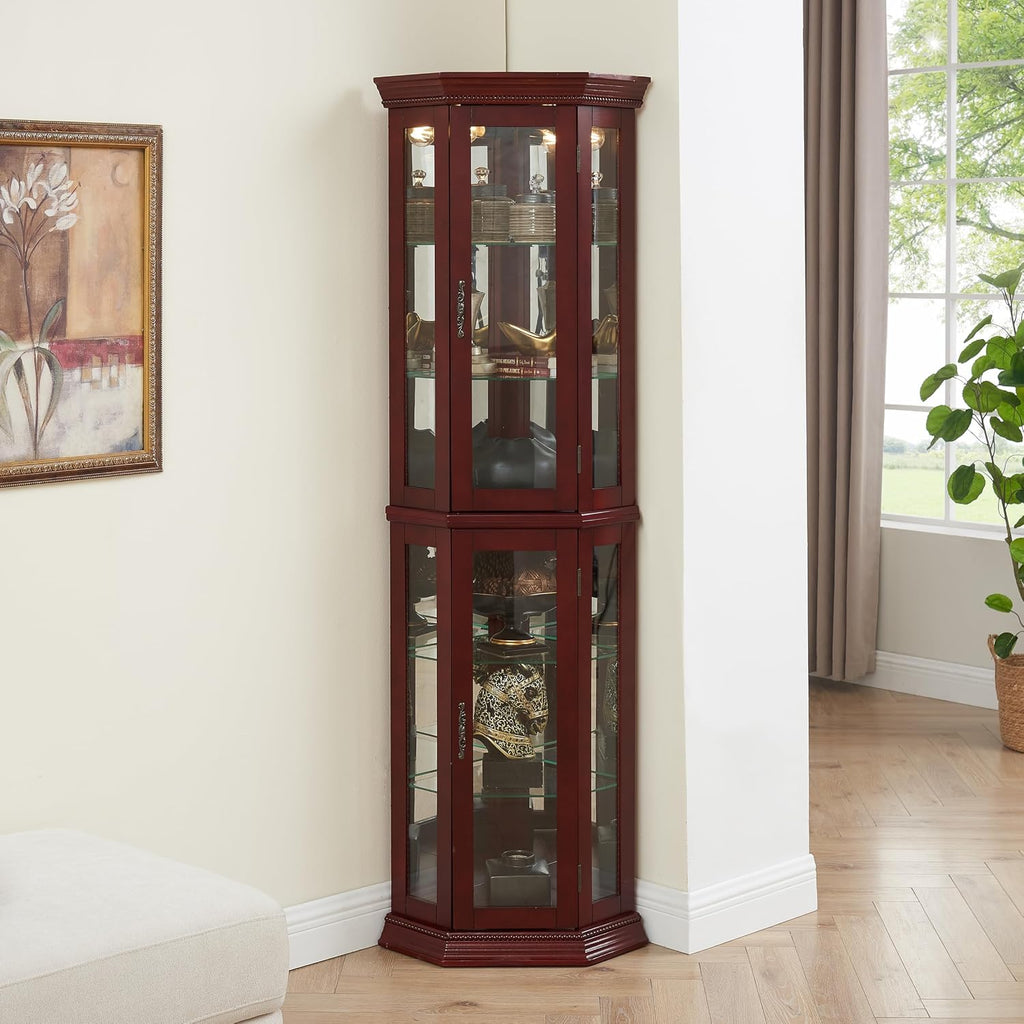 JOSHEN 70' Durable Tempered Glass Showcase Cabinet, Lego Display Case with Mirrored Back, Lego Display Shelves with Lights for Home Living Room Corner, Cherry