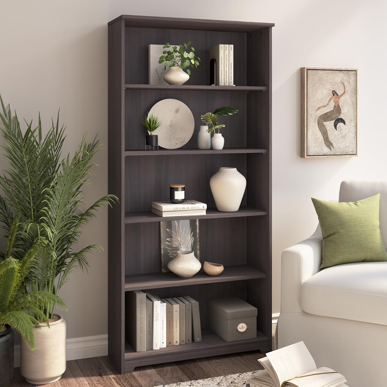 Bush Home Tall 5 Shelf Bookcase, Large Open Bookshelf, Sturdy Display Cabinet for Living Room or Home Office, Cabot Collection, Heather Gray