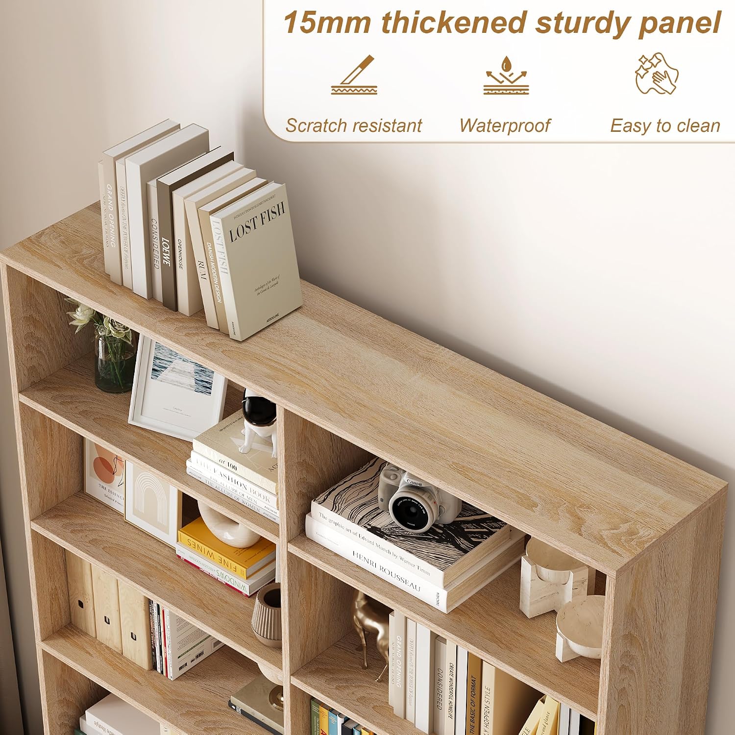 FACBOTALL Bookshelf and Bookcase, 6-Tier Double Wide Bookshelves,Freestanding Display Storage Shelves, Tall Bookcases for Home Decor Bedroom, Living Room, Home Office, Light Oak