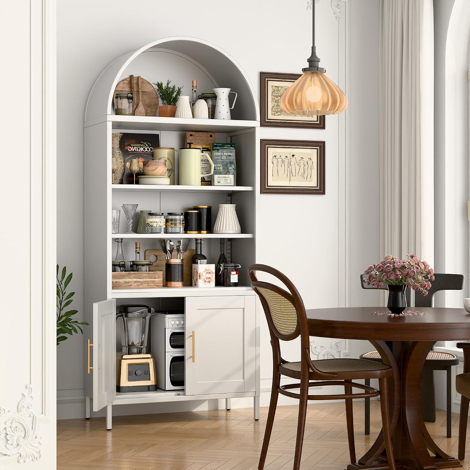 VEXPOR 73' Tall Metal Arched Bookcase with Doors, 5-Tier Arched Bookshelf with 2 Adjustable Shelves for Living Room, Home Office, Assembly Required, White, 15.35' D x 30.71' W x 72.83' H