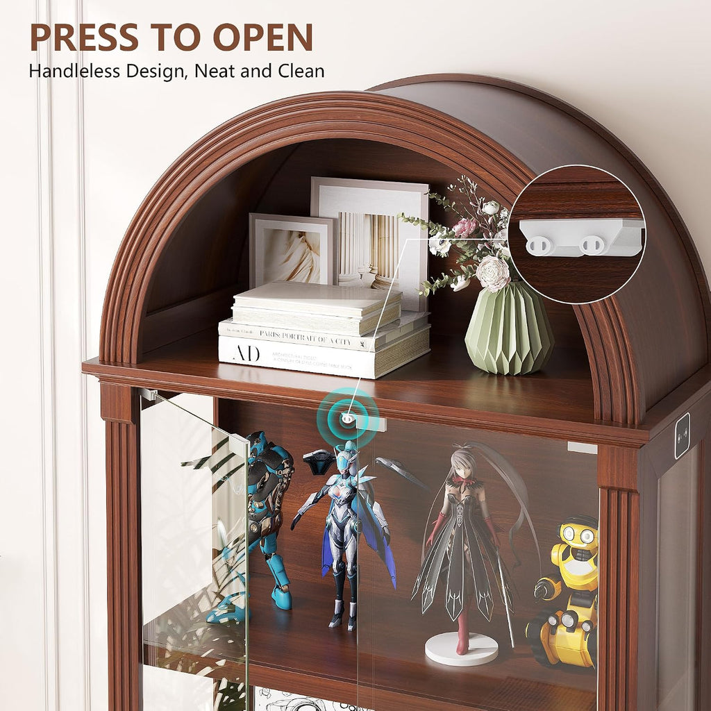 Dystler Curio Cabinet with Glass Doors, 72' Tall Arched Display Cabinet with Human Sensor Lights, 4-Tier Display Case for Collectibles Bookcase Living Room, Walnut