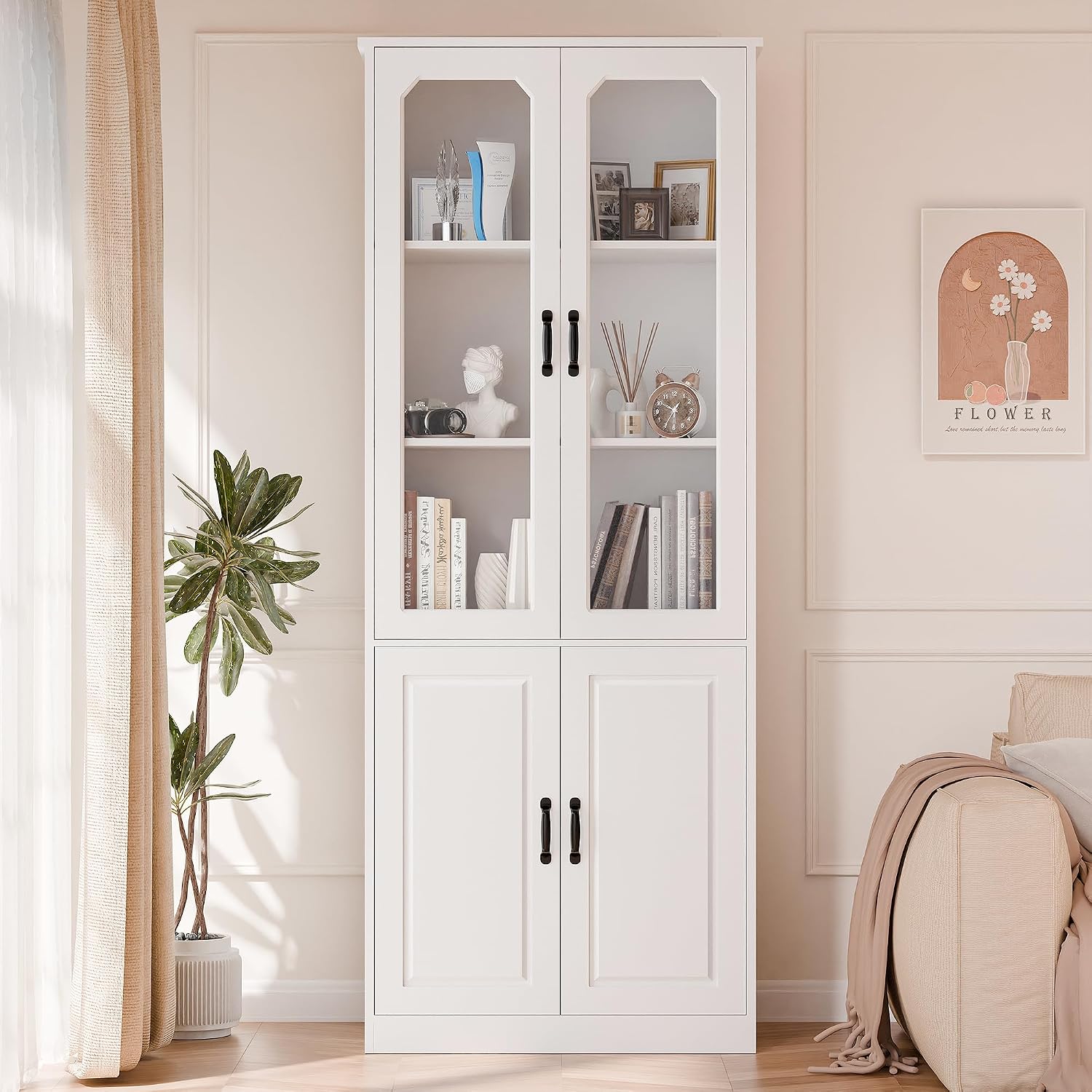 MU 78.7' Tall Kitchen Pantry with 2 Glass Doors, Freestanding China Cabinet with Adjustable Shelves, Large Kitchen Pantry Storage Cabinet Cupboard for Dining Room, Living Room, White (Large, 31.5' W)