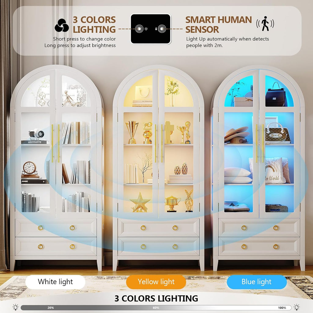 LVSOMT 71' Tall Arched Storage Cabinet with Glass Doors and Drawers, Curio Display Cabinet with Adjustable LED Light & Human Sensor, 4-Tier China Cabinet for Living Room(White)