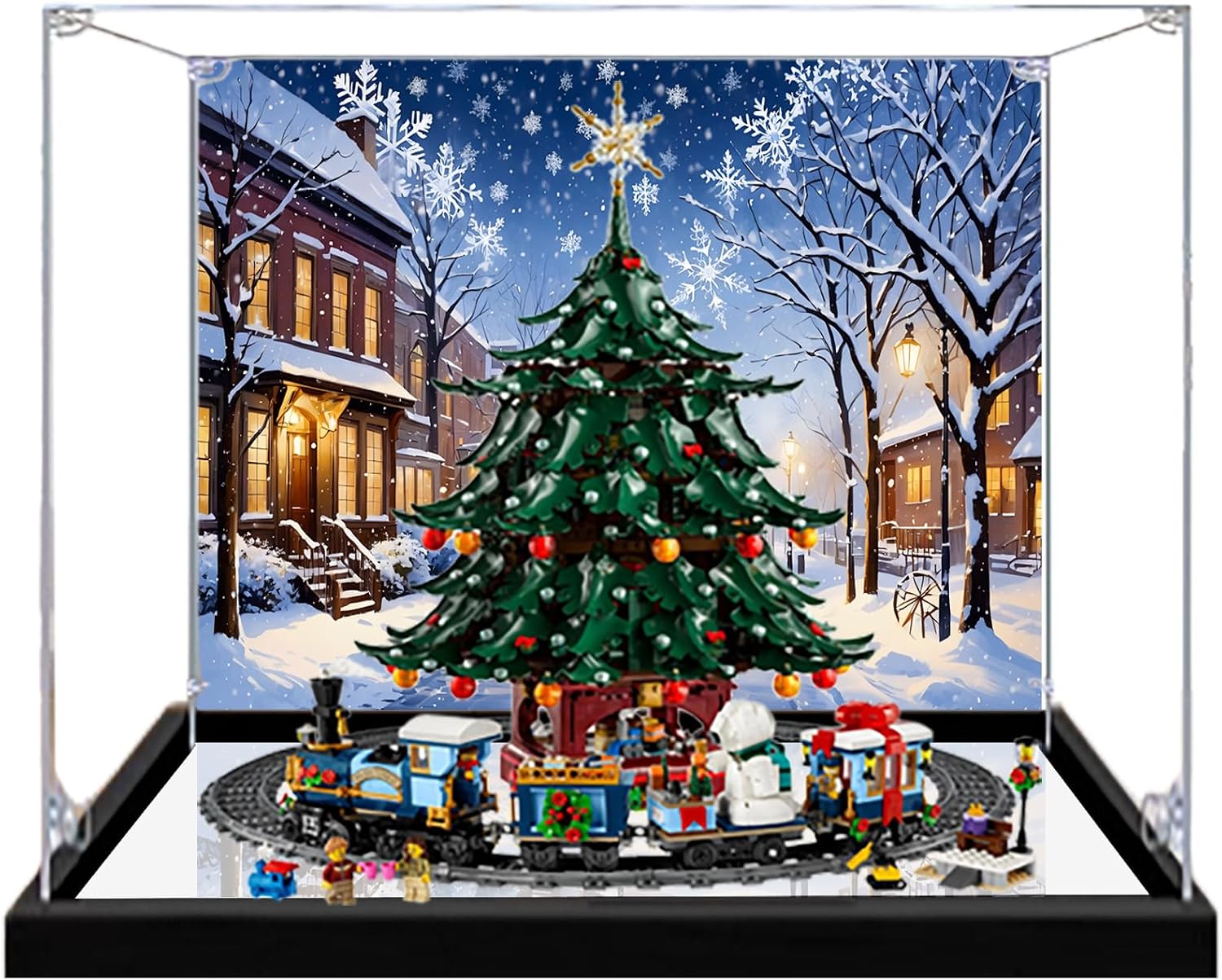 Acrylic Display Case for Lego 41843 Family Christmas Tree+10361 Express Train Building Set– Dustproof Display Box, Display Box Compatible with Lego 41843 10361-Only Display case (Back Spray mirror1)