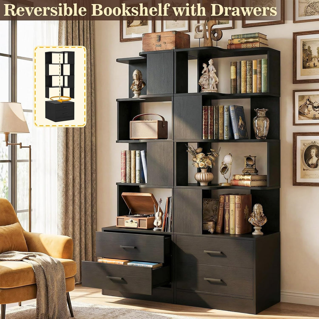 Armocity Corner Bookshelf with Drawers, 7 Tier Corner Book Shelf Display Bookcase, Freestanding L Shaped Bookshelf for Bedroom, Home Office, Black