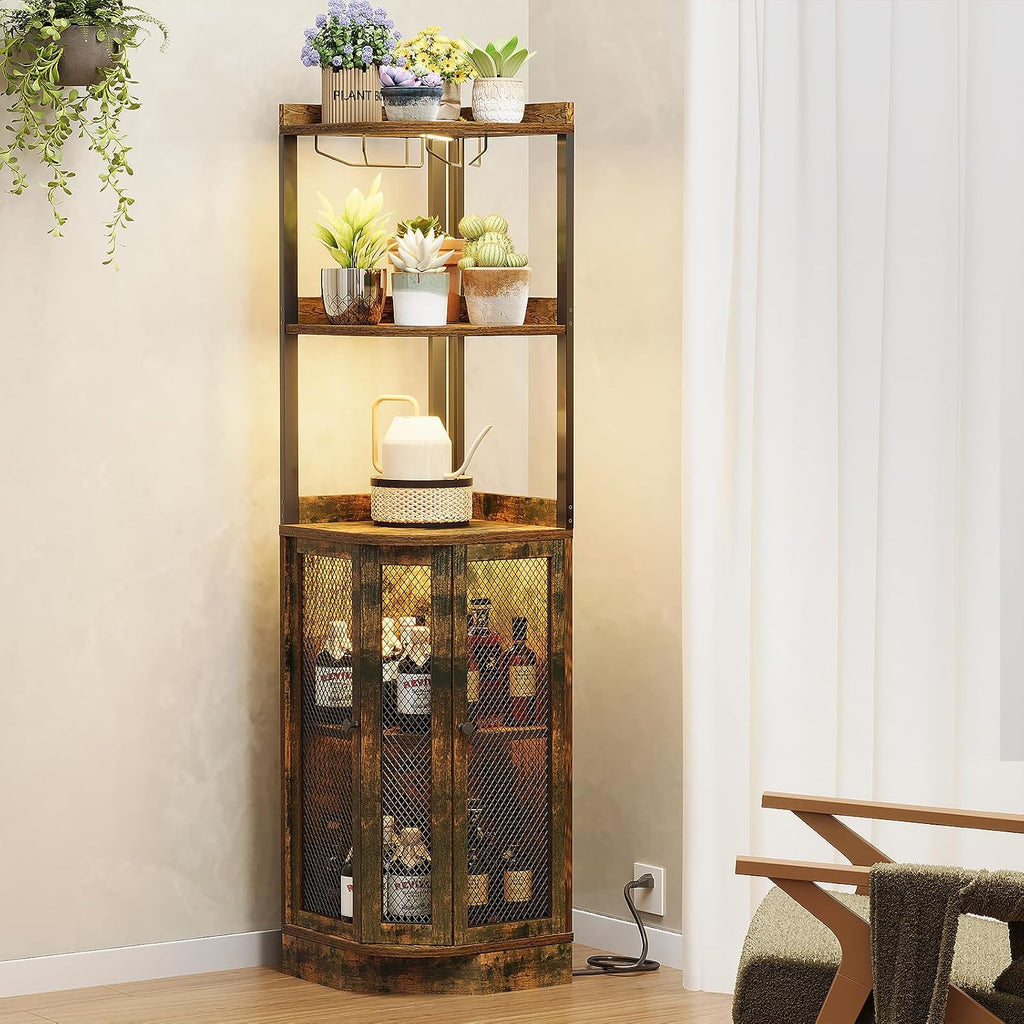 EOYUTLLY Corner Bar Cabinet with Power Outlet and LED Strip, 65' H 5-Tier Corner Liquor Wine Display Cabinet for Home, Storage Solution for Living Room, Kitchen, Home Bar, Brown