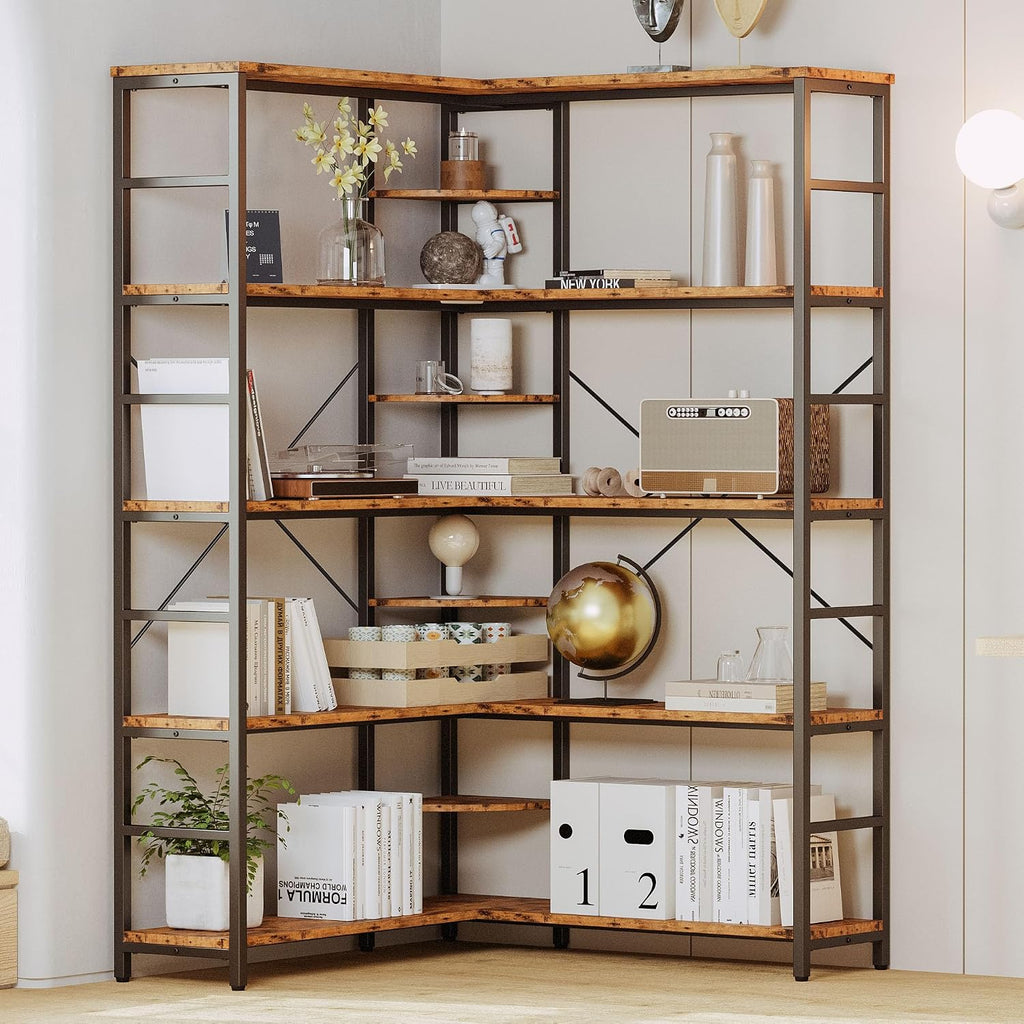 IRONCK Industrial Bookcases and Bookshelves, 5-Tiers Corner Bookcase with Curved Panels, L Shaped Shelf with Metal Frame for Open Storage for Living Room Home Office, Vintage Brown