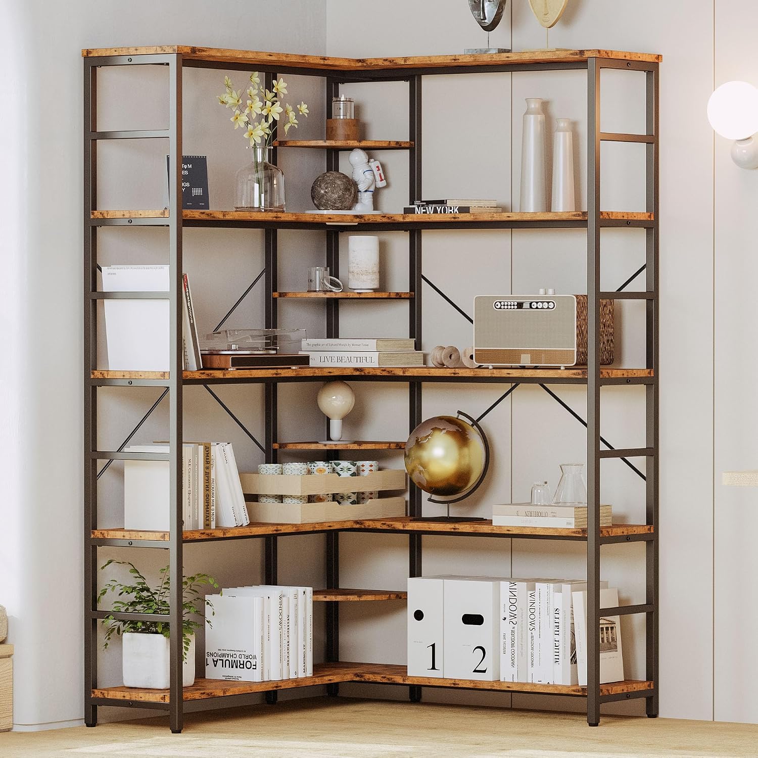 IRONCK Industrial Bookcases and Bookshelves, 5-Tiers Corner Bookcase with Curved Panels, L Shaped Shelf with Metal Frame for Open Storage for Living Room Home Office, Vintage Brown