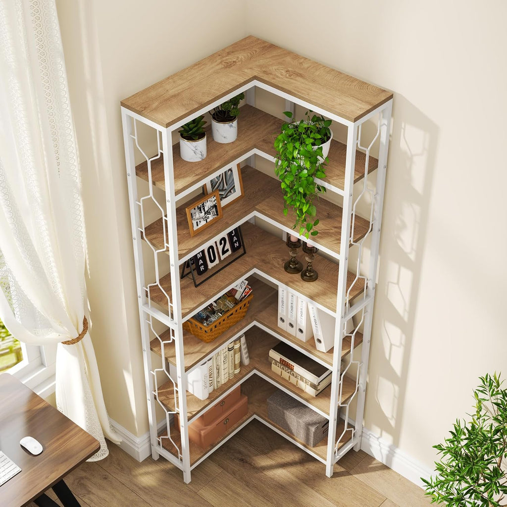 Tribesigns Corner Shelf, 7-Tier Industrial Corner Bookshelf, Wood and Metal Corner Etagere Bookcase, Freestanding Display Shelf for Living Room, Kitchen, Home Office, White and Walnut