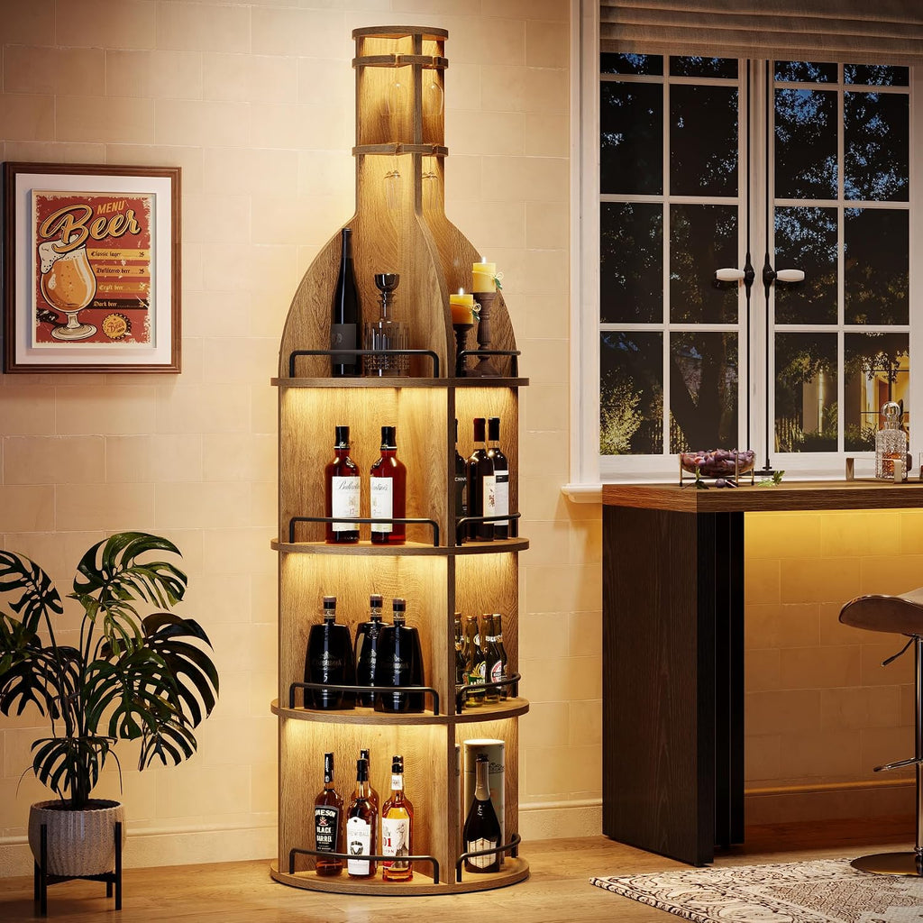 Tribesigns 75-Inch Tall Wine Rack with Storage Shelves, Industrial Round Wine Cabinet with Goblet Holder, Freestanding Bar Liquor Bottle Display Shelf for Living Room, Basement, Brown (Set of 2)