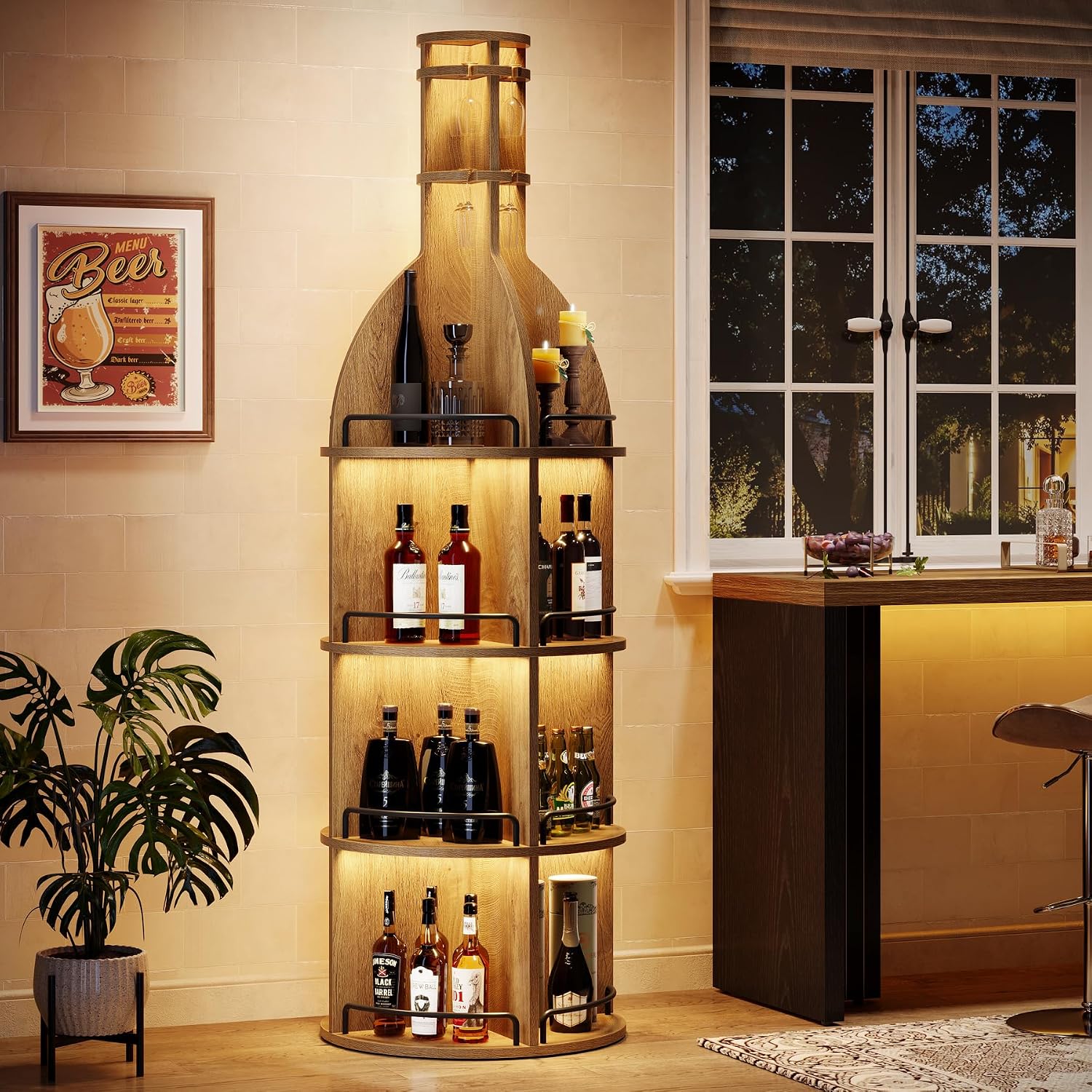 Tribesigns 75-Inch Tall Wine Rack with Storage Shelves, Industrial Round Wine Cabinet with Goblet Holder, Freestanding Bar Liquor Bottle Display Shelf for Living Room, Basement, Brown (Set of 2)