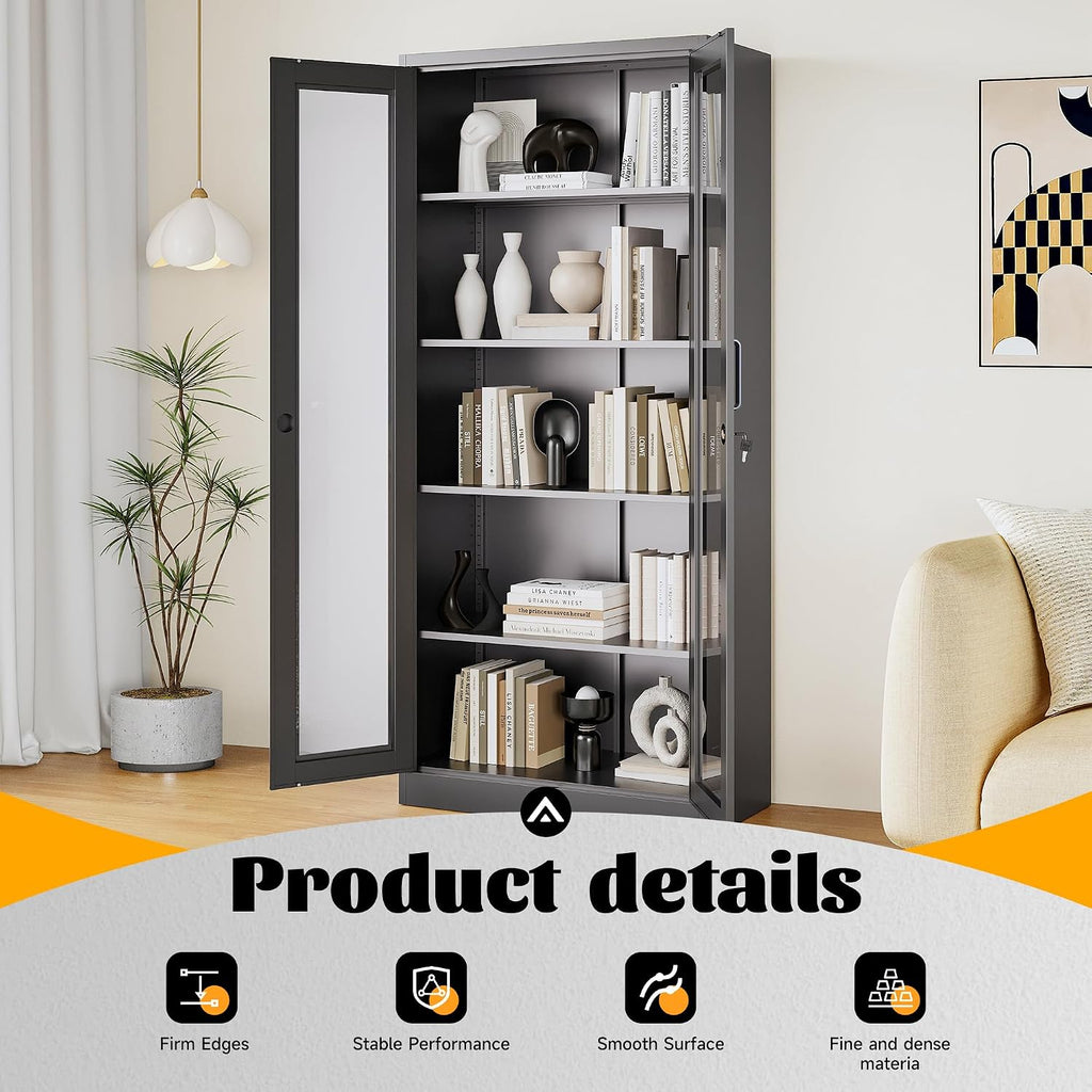 Metal Storage Cabinet with Lock and Glass Doors,Glass Display Cabinet,Black Storage Cabinets,Locking Curio Cabinets with 5 Shelves for Collectibles,Home,Office,Living Room