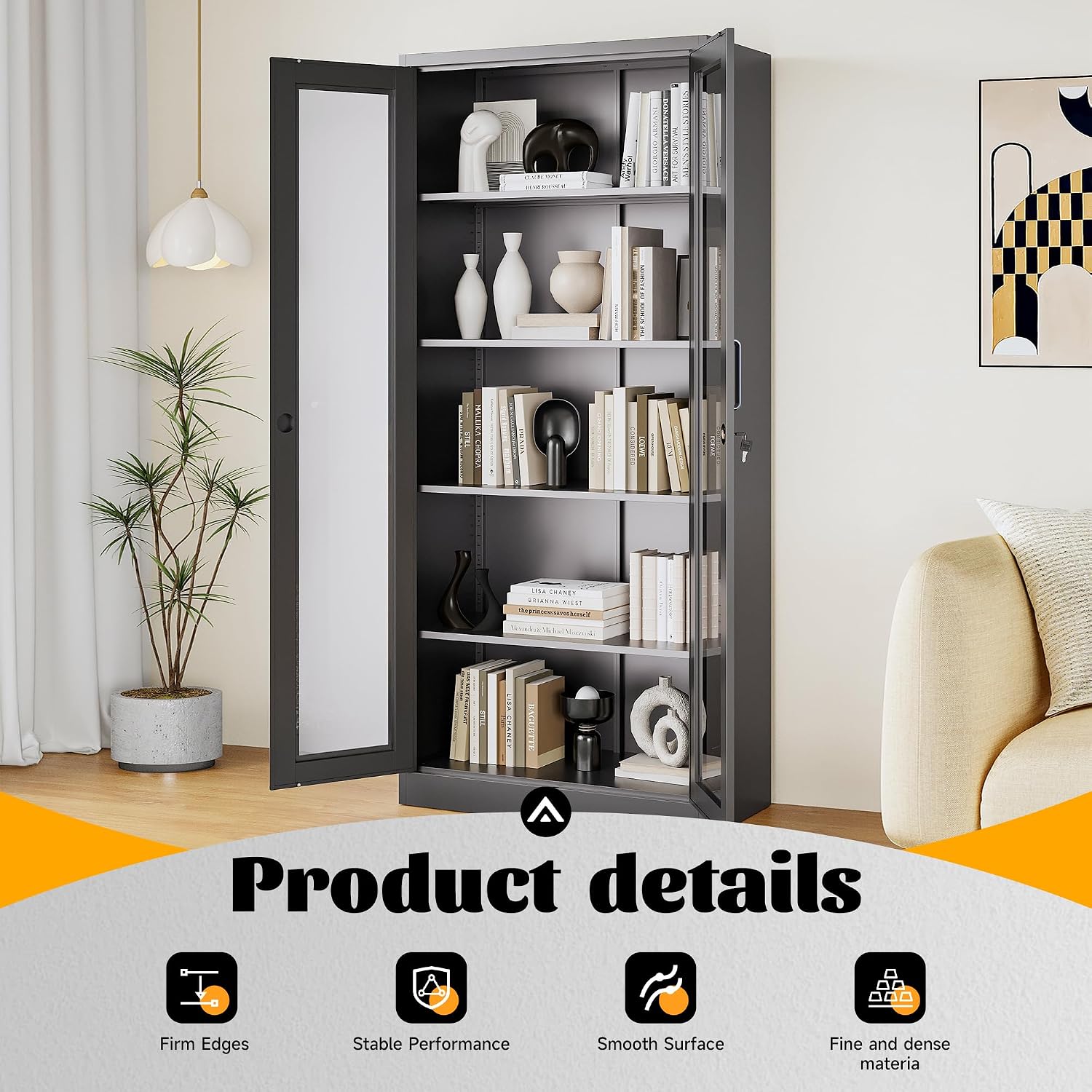 Metal Storage Cabinet with Lock and Glass Doors,Glass Display Cabinet,Black Storage Cabinets,Locking Curio Cabinets with 5 Shelves for Collectibles,Home,Office,Living Room