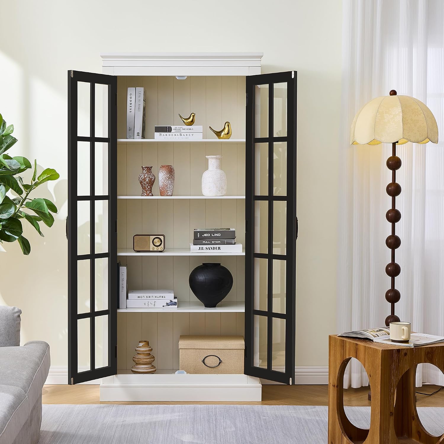 Merax 71.2' Tall Display Cabinet with Glass Doors,Rustic Style China Cabinet,Curio Cabinet for Collectibles Figures Trophies for Hallways Living Room, Kitchen, Home, Studio or Workspace,White & Black