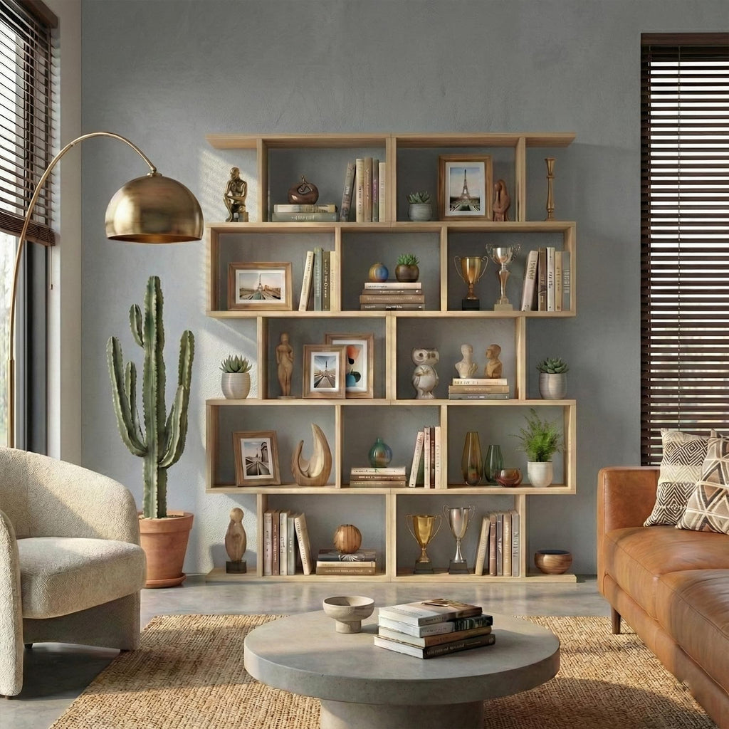 DIYART 5-Tier Geometric Bookcase (Set of 2), 62.6' Tall S-Shaped Bookshelf & Room Divider, Modern Oak Freestanding Display Shelving Unit for Living Room, Hallway, Home Office