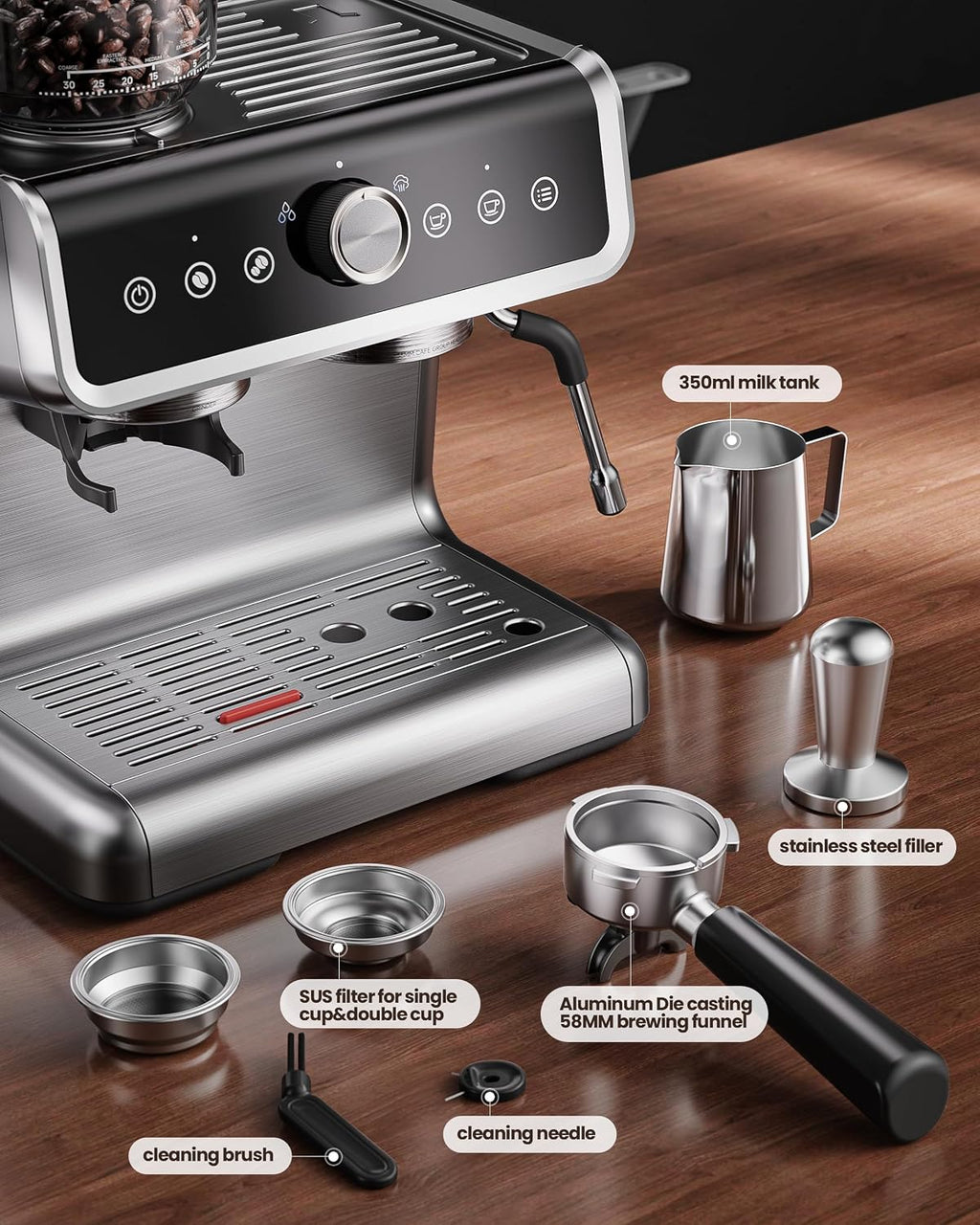 Coffee Maker with Grinder, 30 Settings & 20 Bar Pump, Espresso Machine with 58mm Portafilter & Milk Frother for Cappuccino or Latte