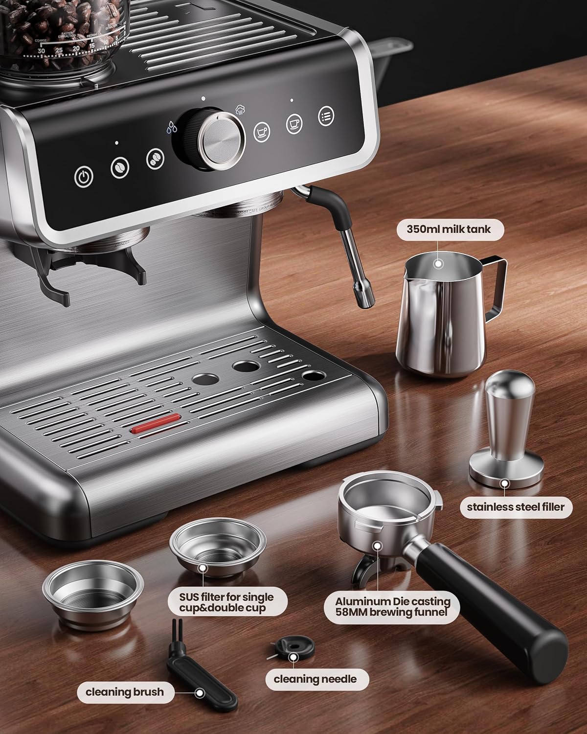 Coffee Maker with Grinder, 30 Settings & 20 Bar Pump, Espresso Machine with 58mm Portafilter & Milk Frother for Cappuccino or Latte