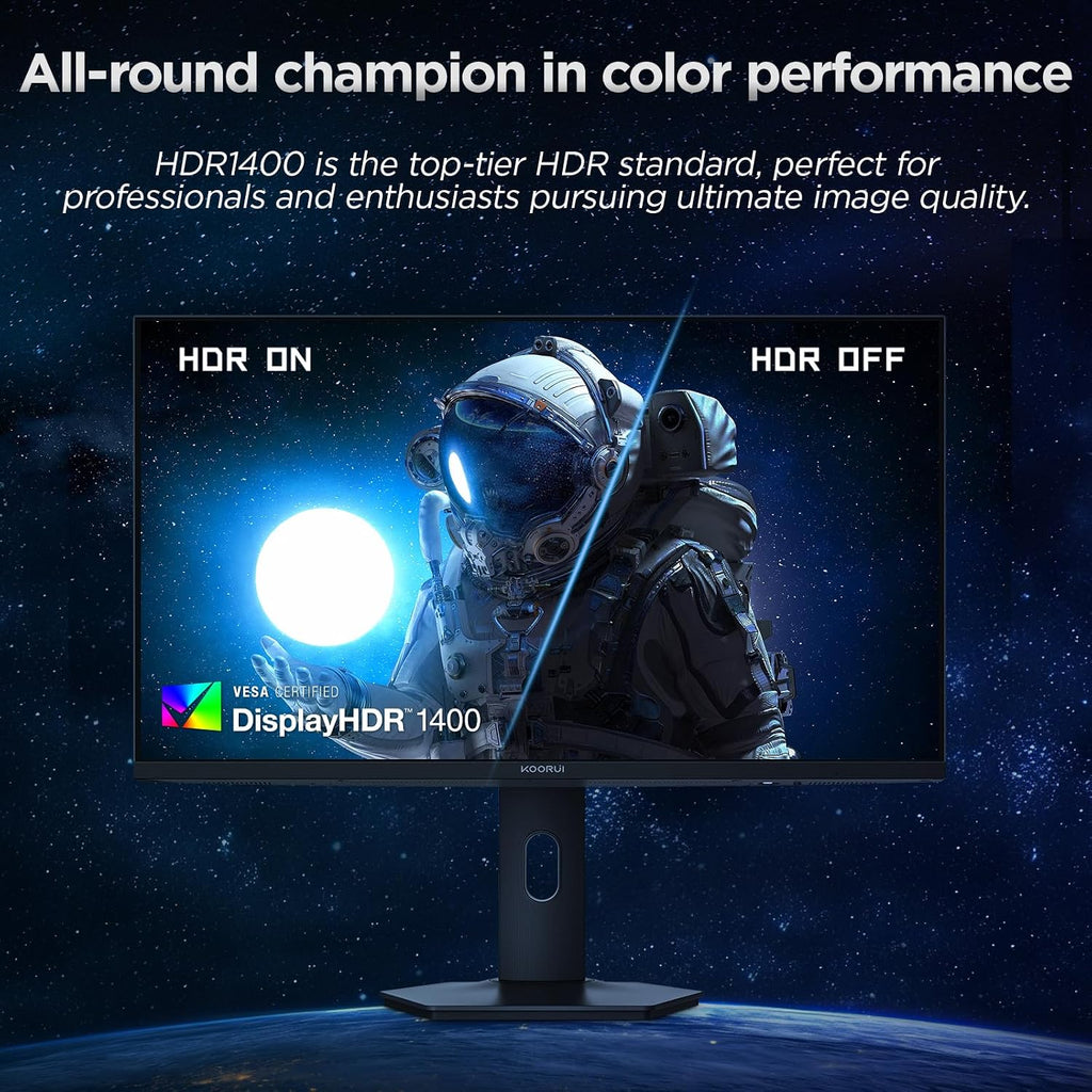 KOORUI 27' 4K QD-Mini LED Gaming Monitor - Dual-Mode (UHD 160Hz or FHD 320Hz), 1ms, 99% Adobe RGB, HDR1400, 90W USB-C, HDMI 2.1/DP1.4, VESA, Tilt Height Swivel Vertical Adjustment, Black, S2741LM
